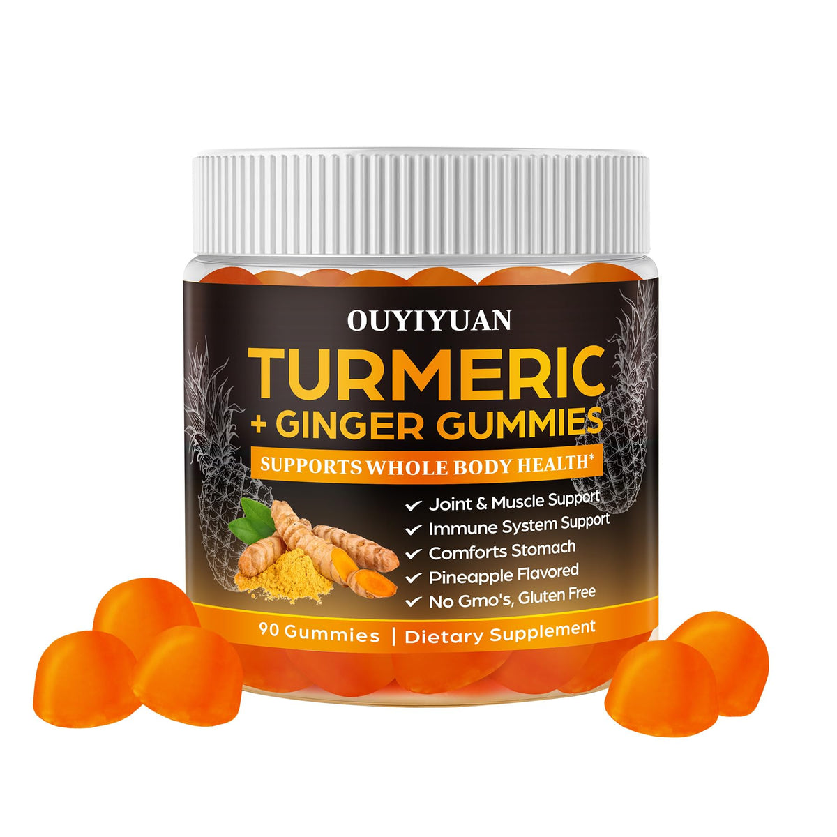 OUYIYUA turmeric and ginger gummies front view, pineapple flavour