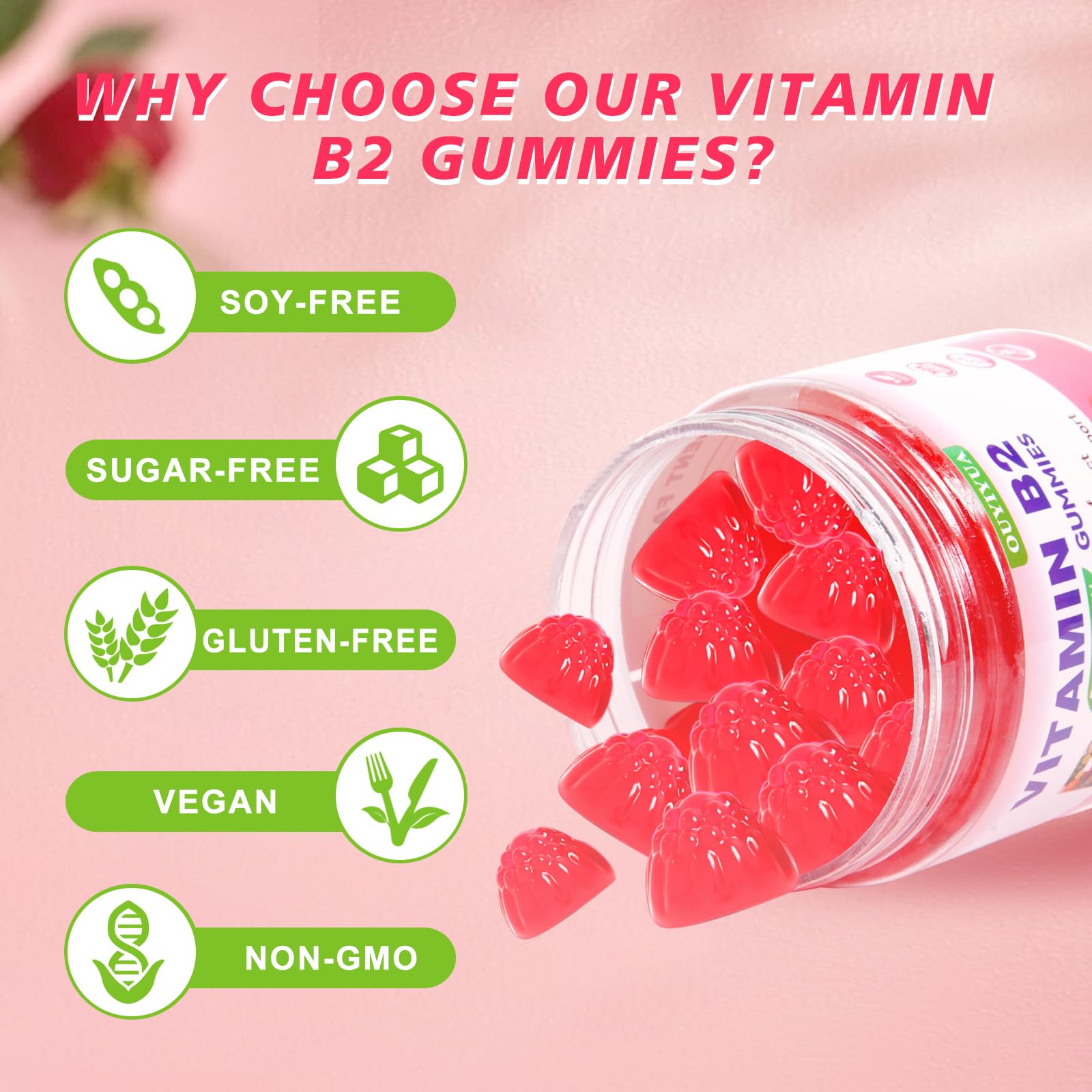 OUYIYUA Vitamin B2 Gummies displayed with fresh raspberries