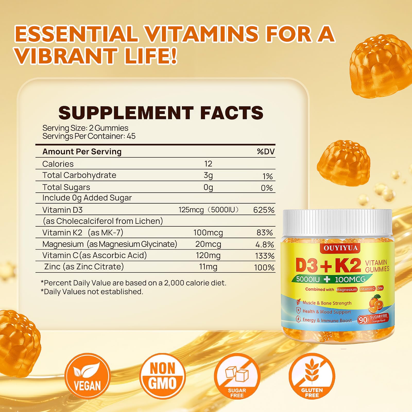 OUYIYUA Vitamin D3 K2 Gummies 5000 IU bottle side view