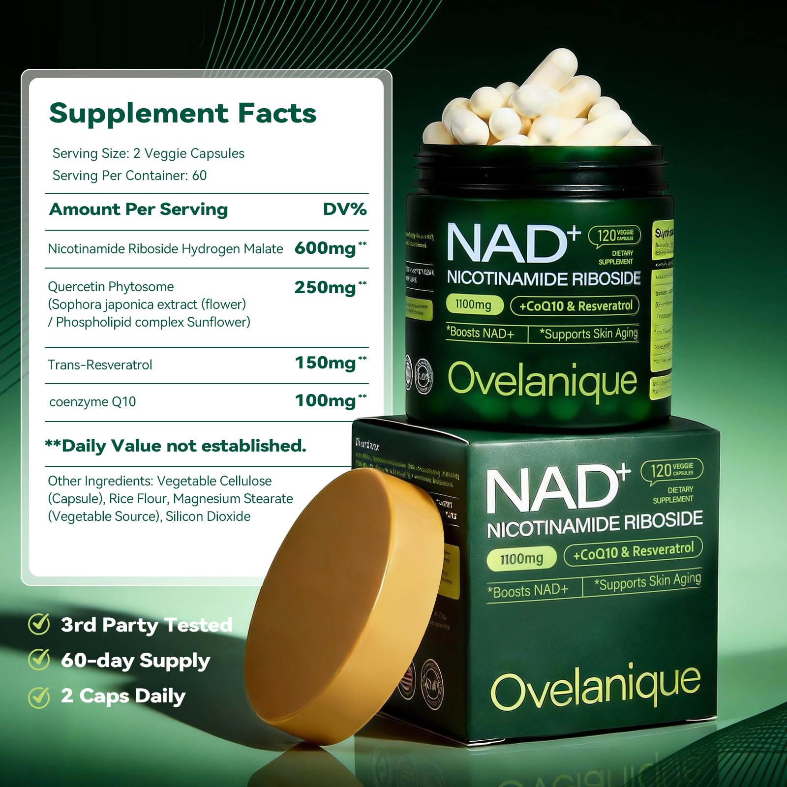 Ovelanique NAD+ Complex Resveratrol capsules close-up