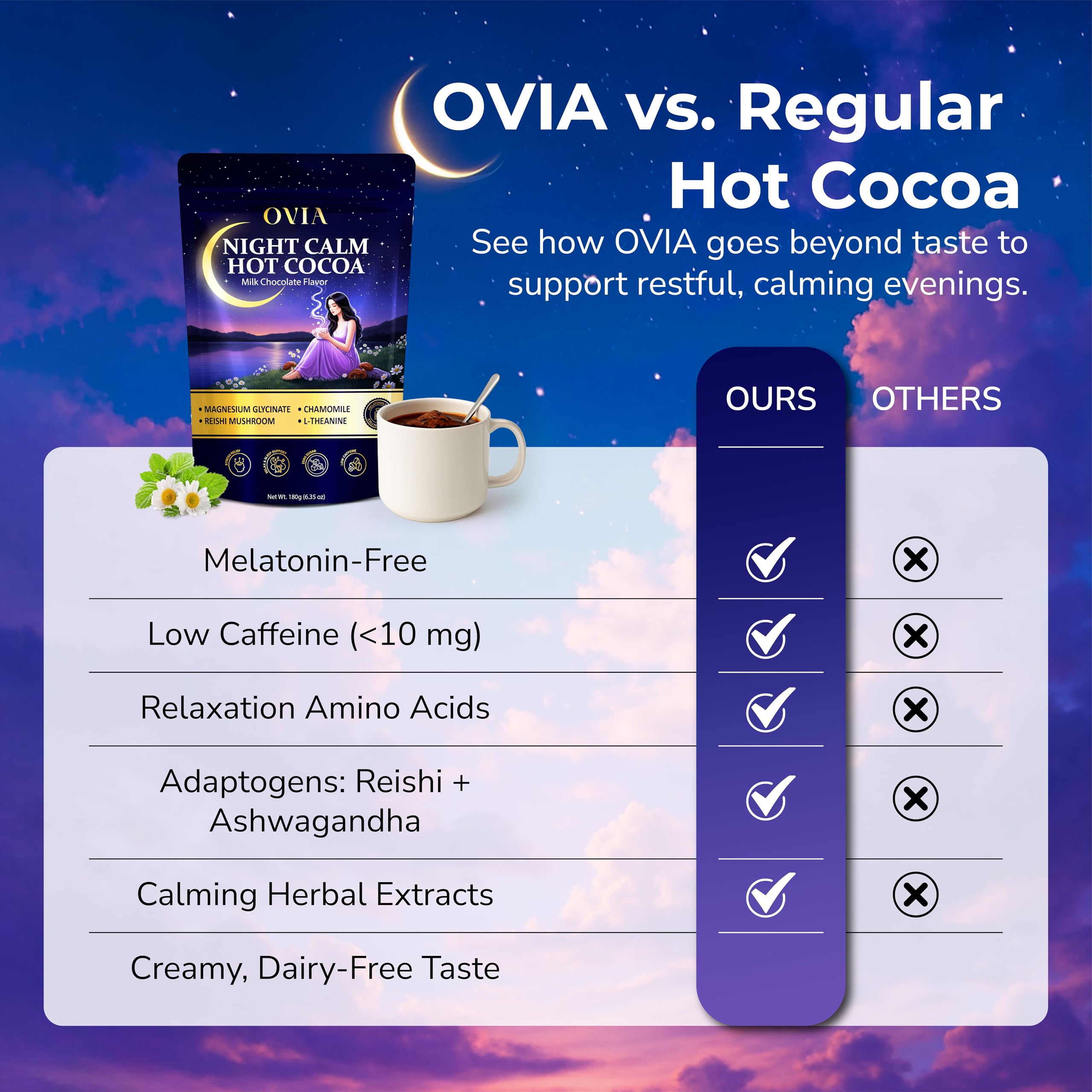 OVIA Nighttime Hot Cocoa Mix ingredients close-up