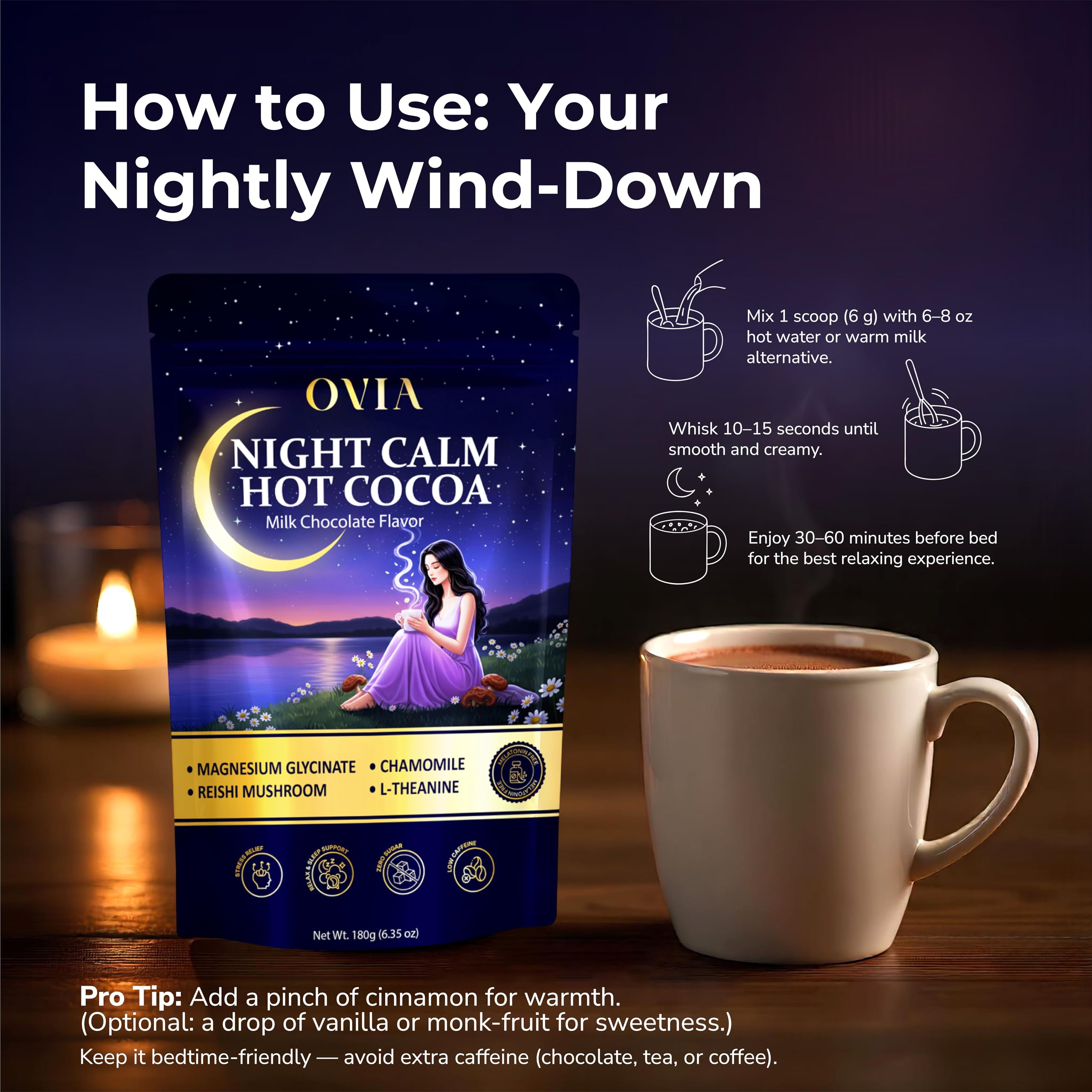 OVIA Nighttime Hot Cocoa Mix scoop in a cup