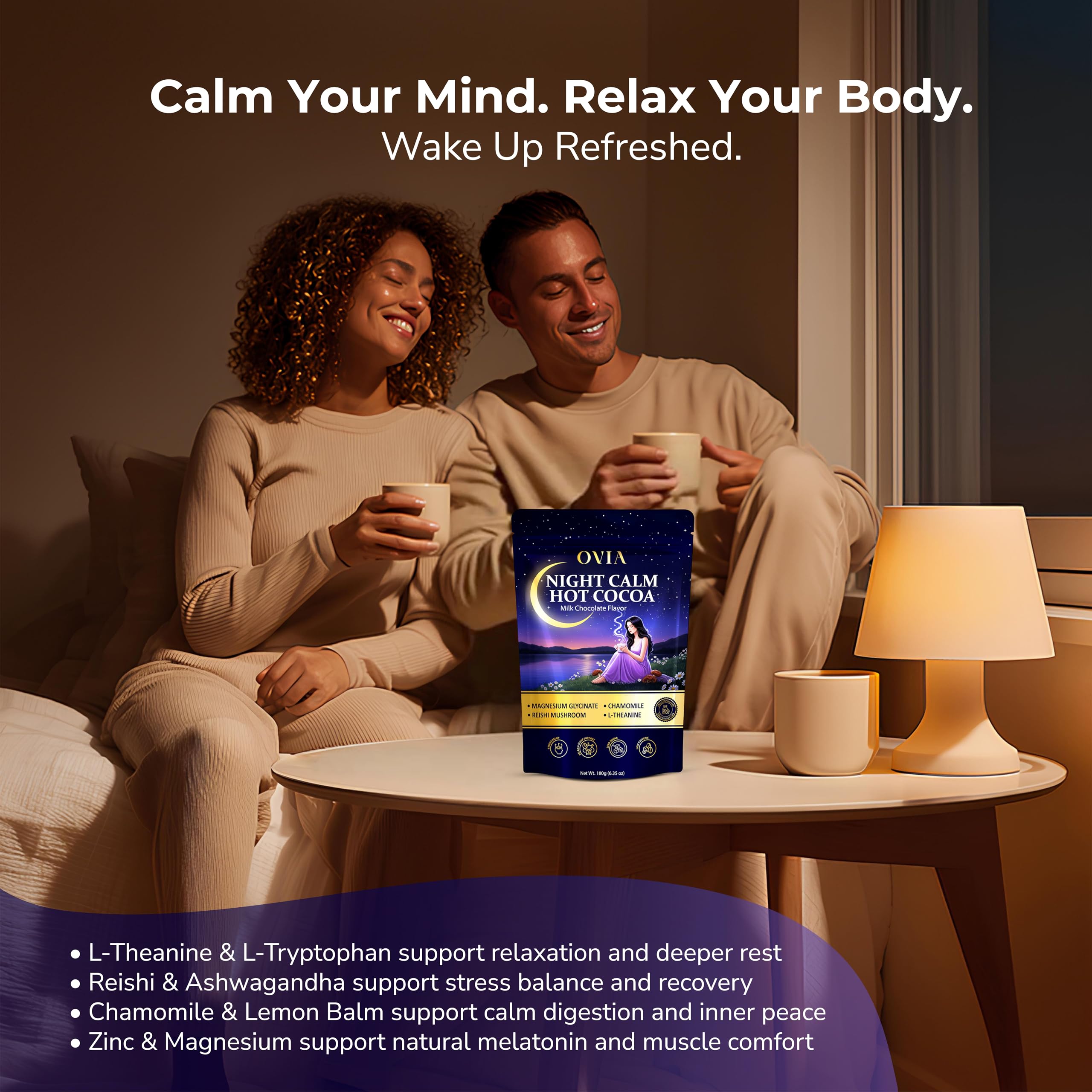 OVIA Nighttime Hot Cocoa Mix with warm milk