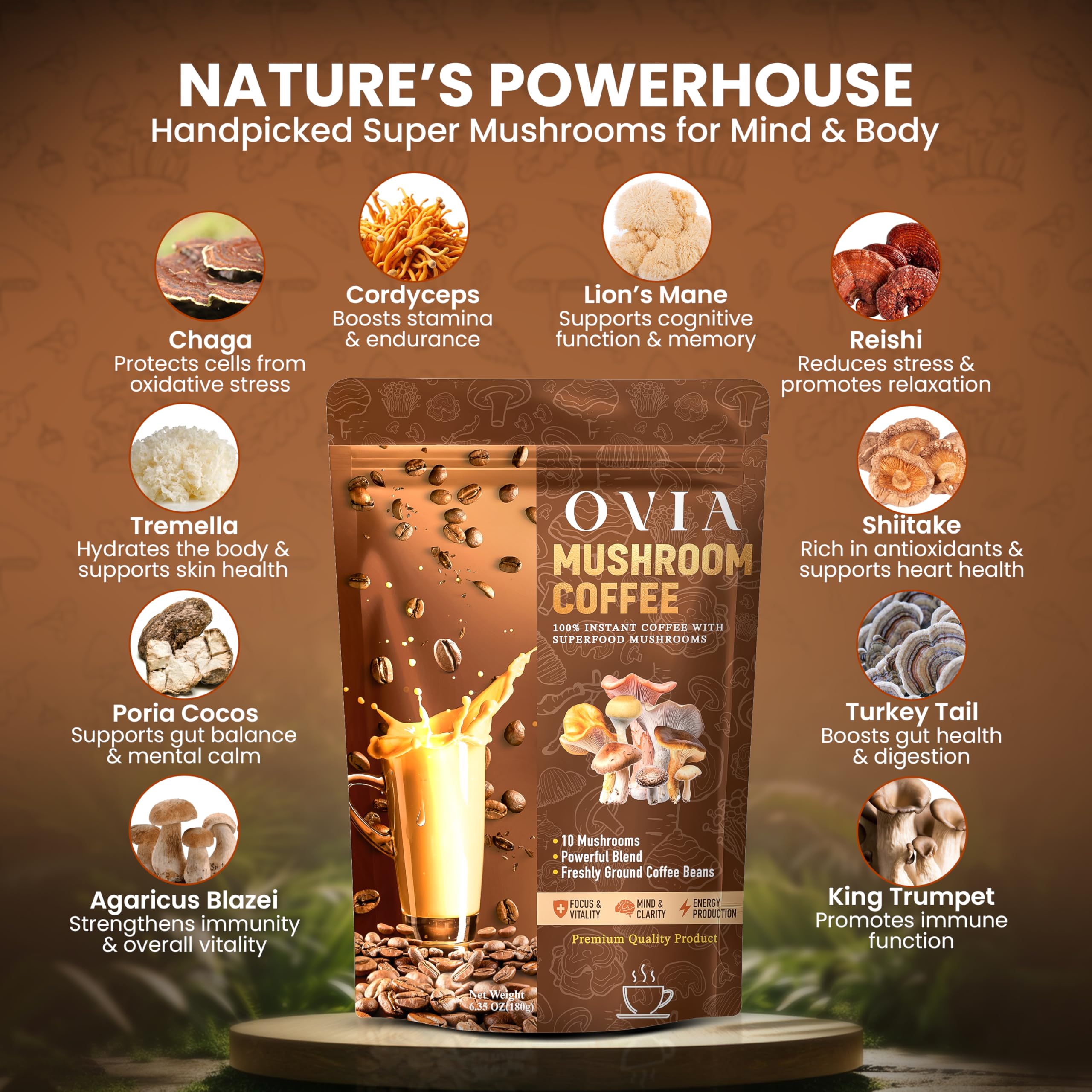 OVIA Ten Mushroom Coffee Blend 3500mg ingredients list