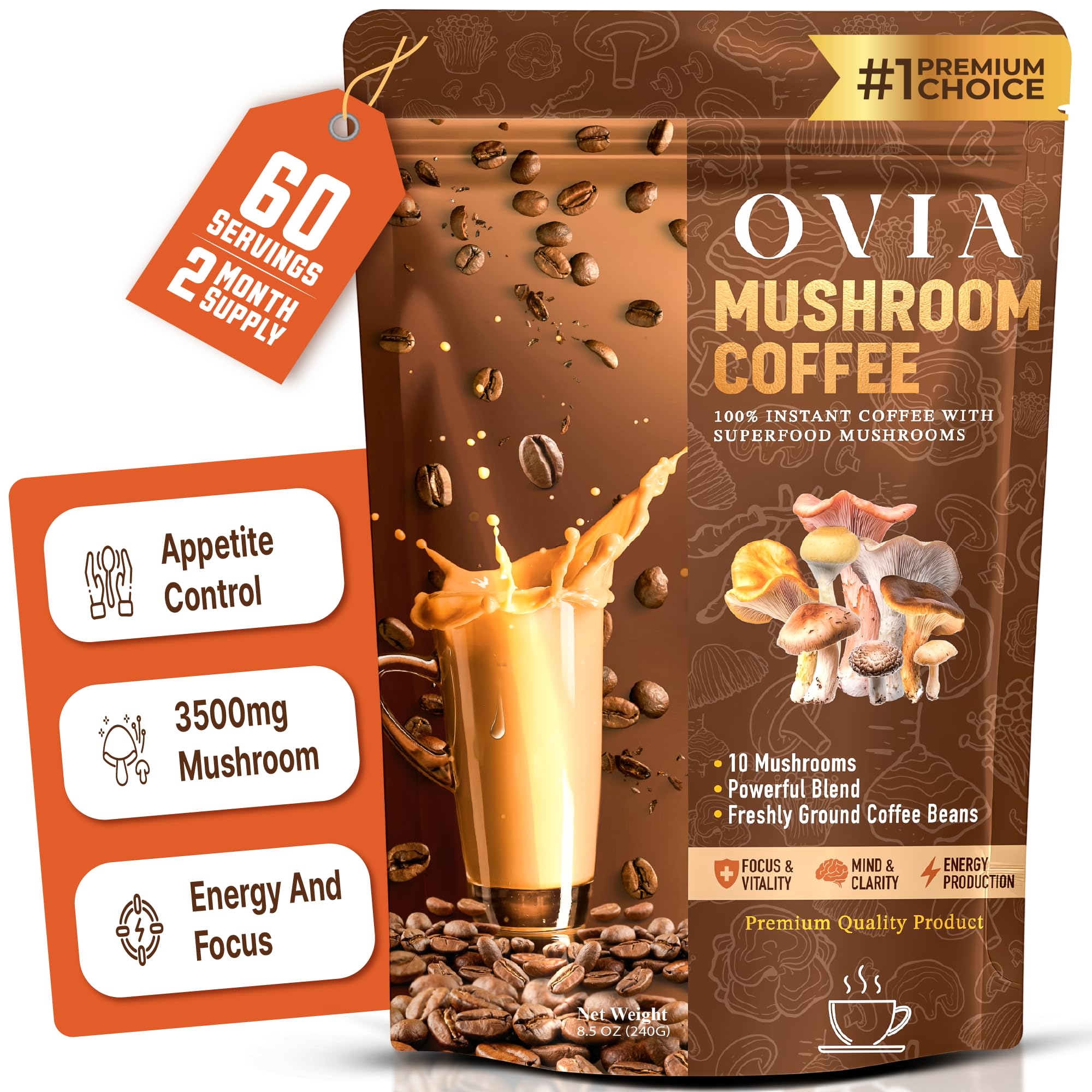 OVIA Ten Mushroom Coffee Blend 3500mg instant powder front view