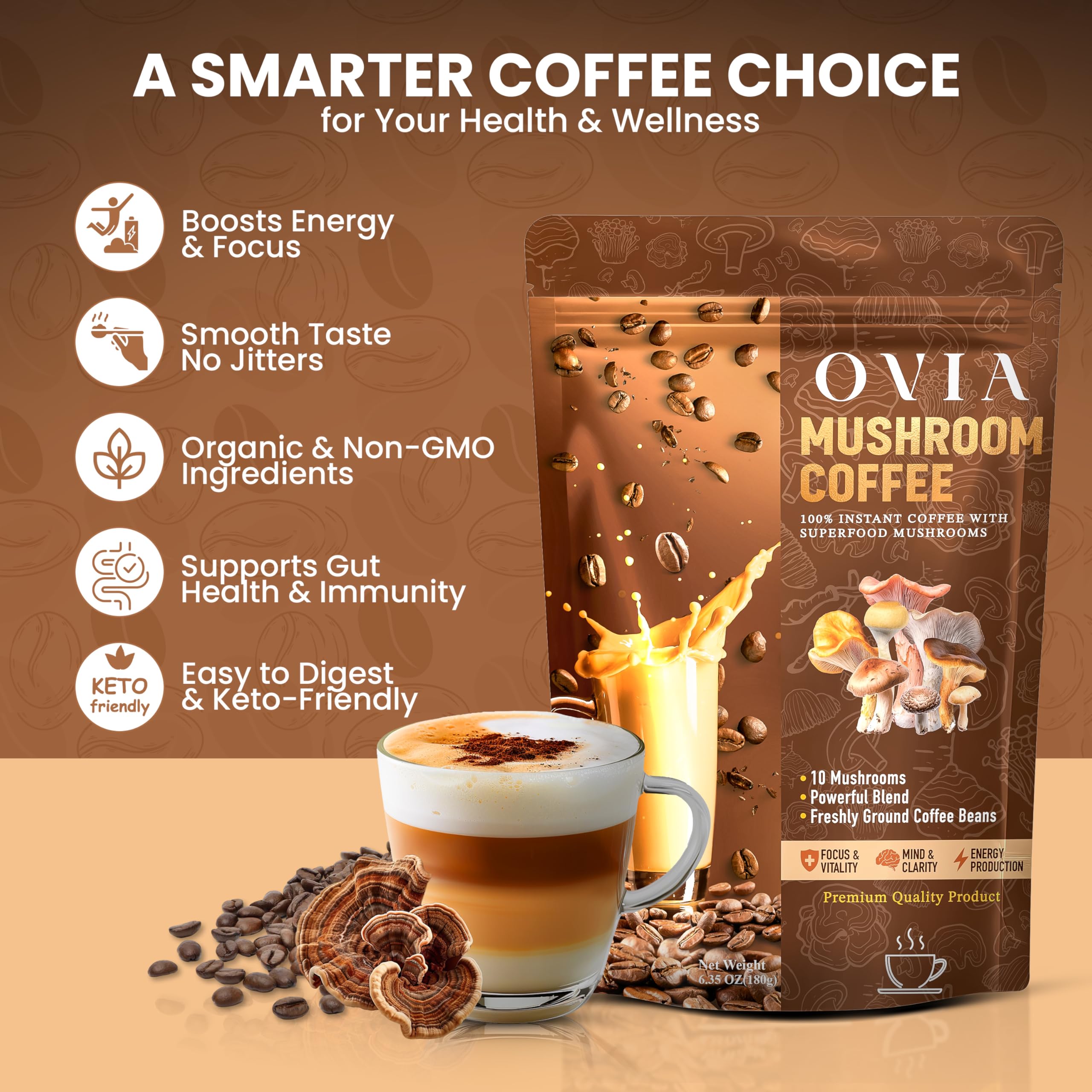 OVIA Ten Mushroom Coffee Blend 3500mg packaging side view