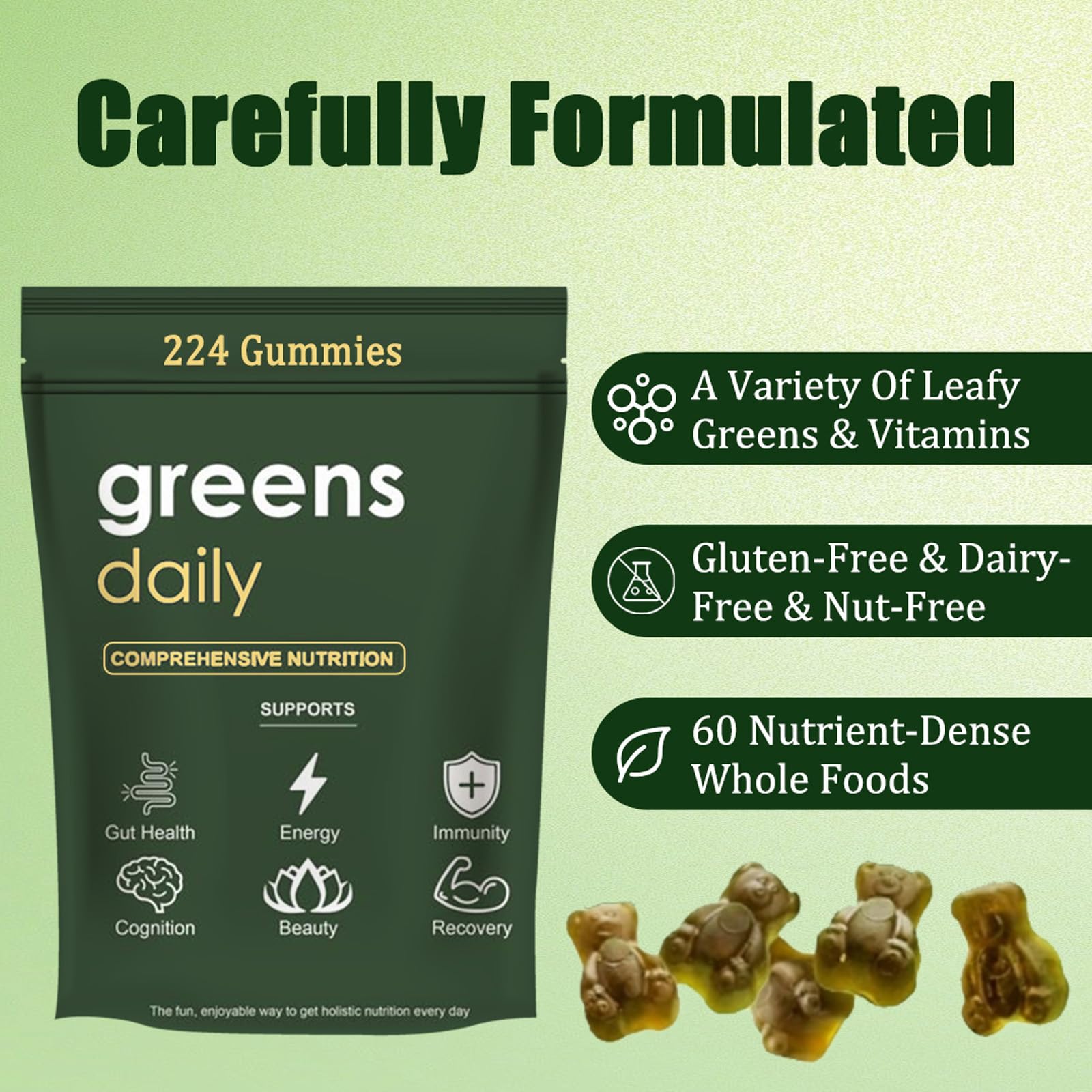 oviaapo Chlorella Greens Gummies displayed on a table