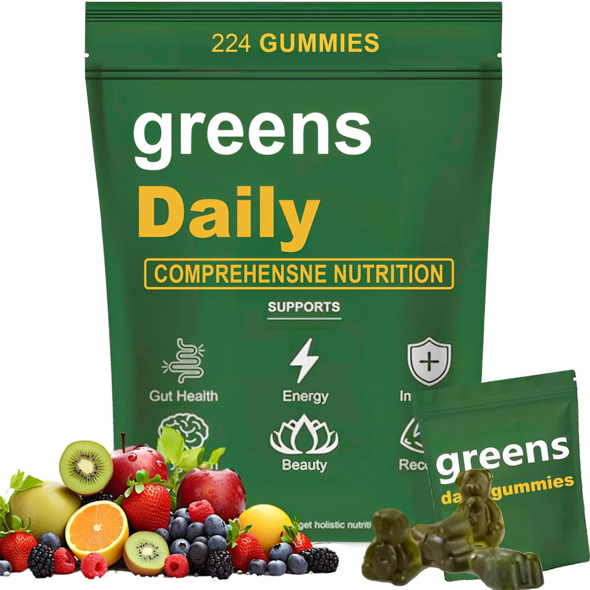 oviaapo Chlorella Greens Gummies front view with packaging