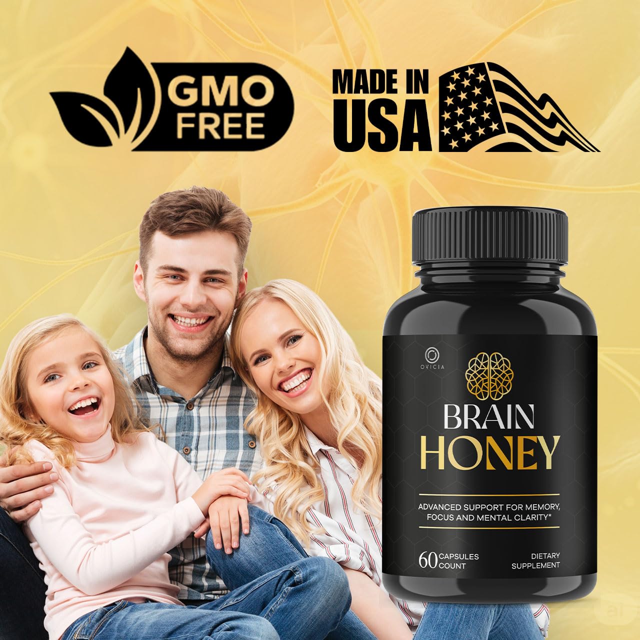 OVICIA Brain Honey Capsules bottle on a kitchen counter