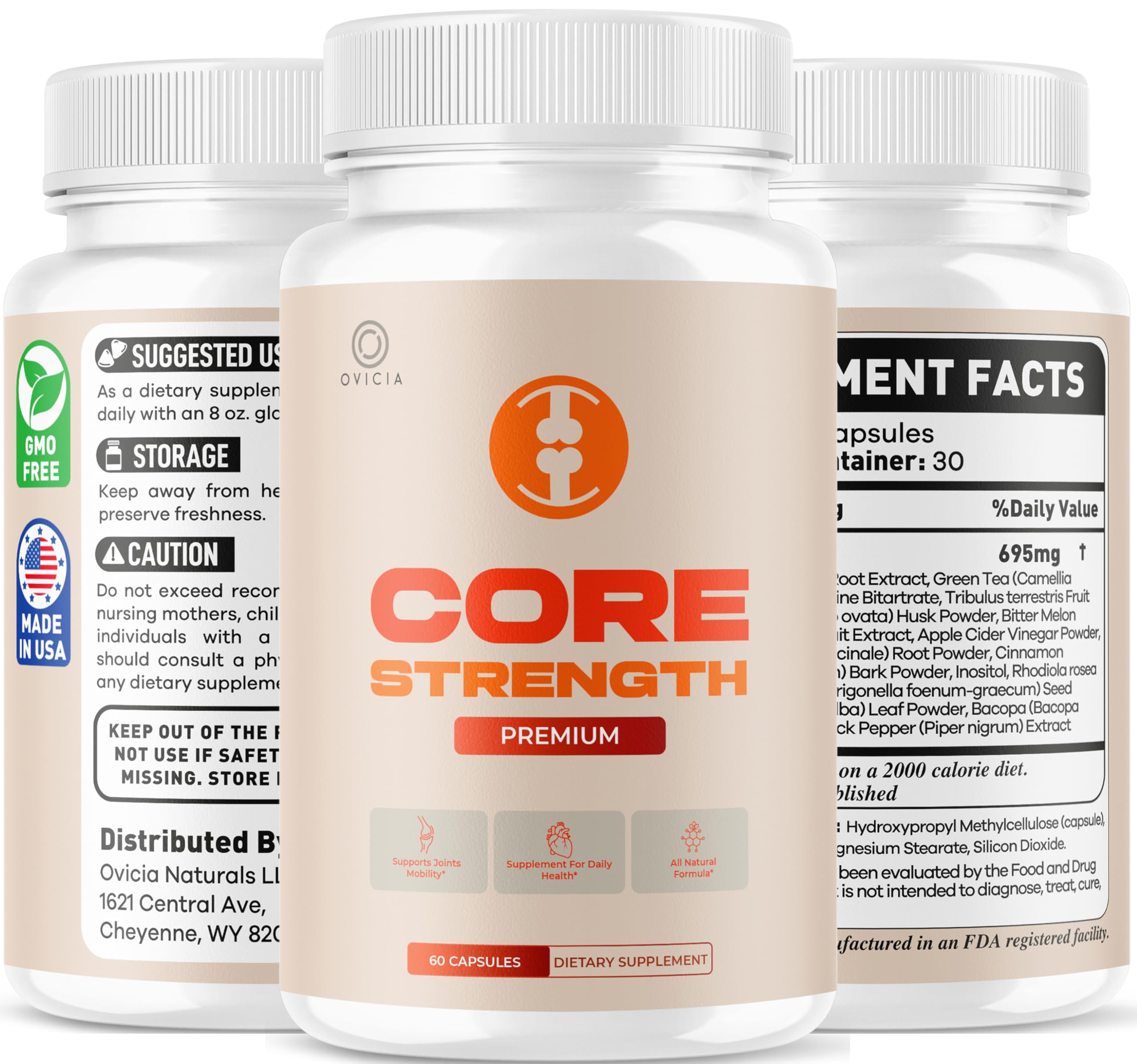 OVICIA Core Strength Capsules packaging with dimensions