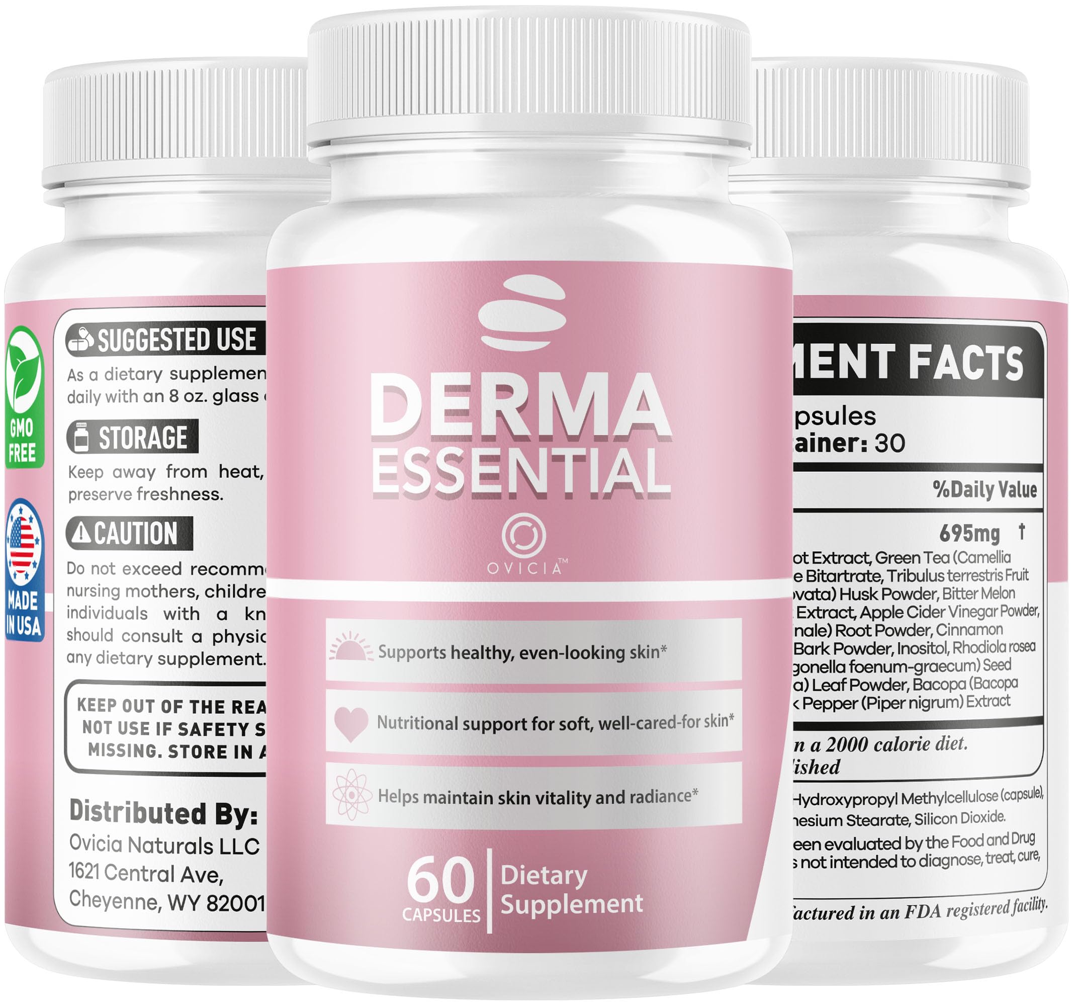 OVICIA Derma Essential Capsules on a wooden table