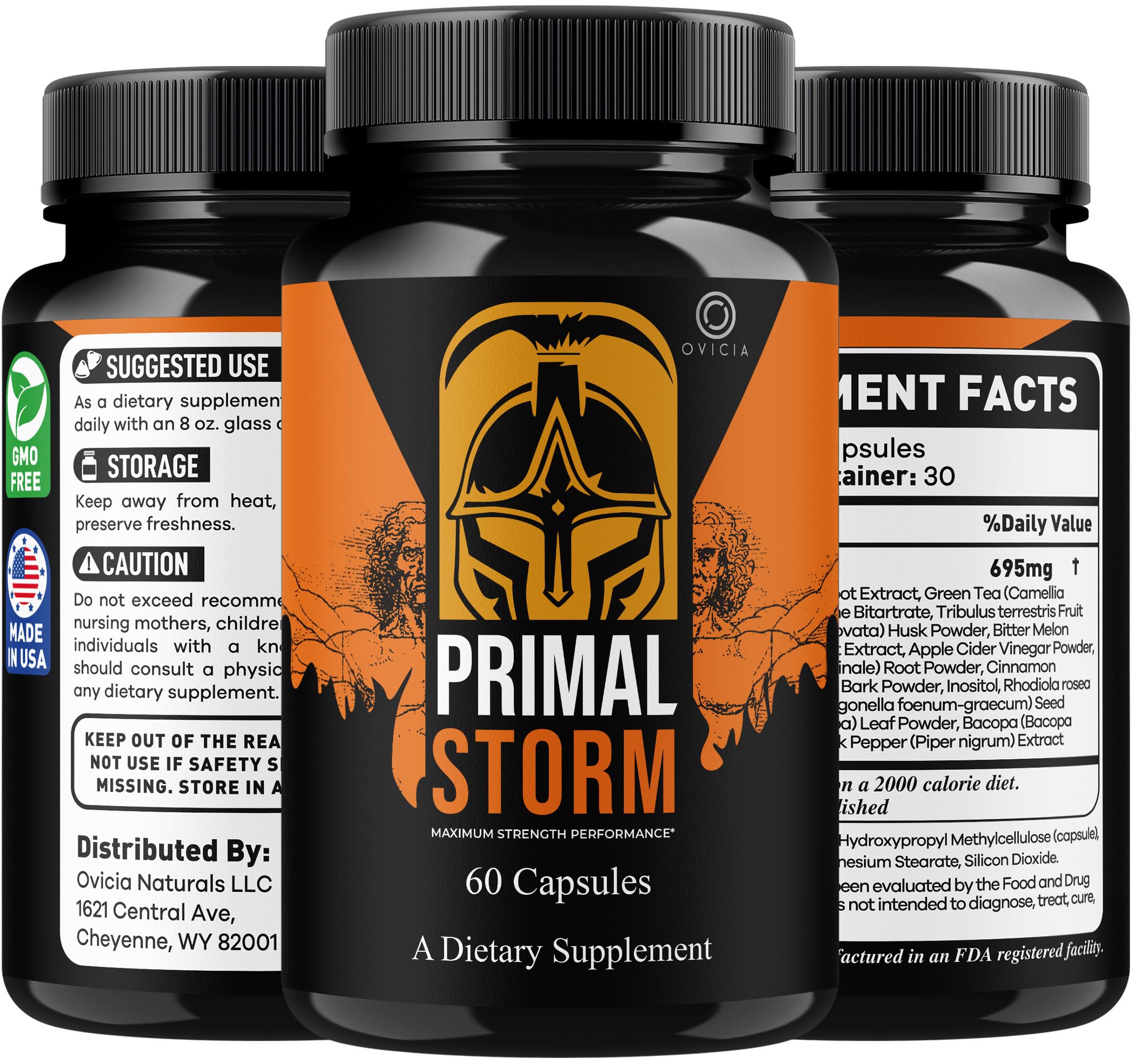 OVICIA Primal Storm Capsules 150g showing dosage instructions