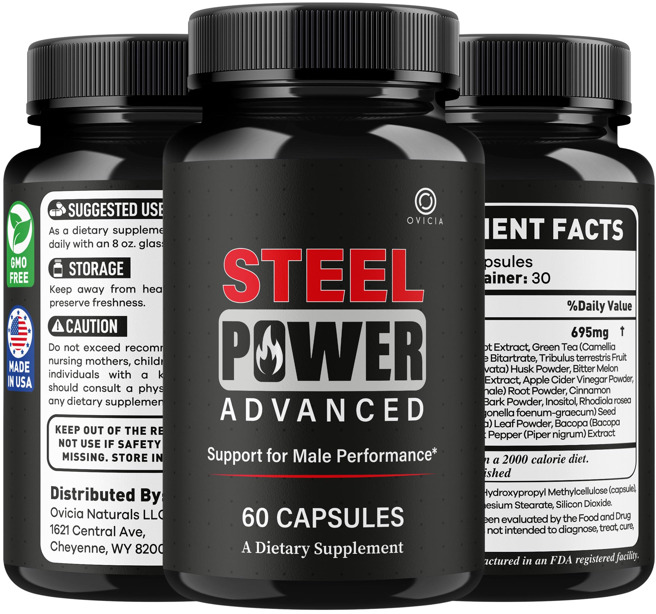 OVICIA Steel Power Advanced capsules with natural ingredients background