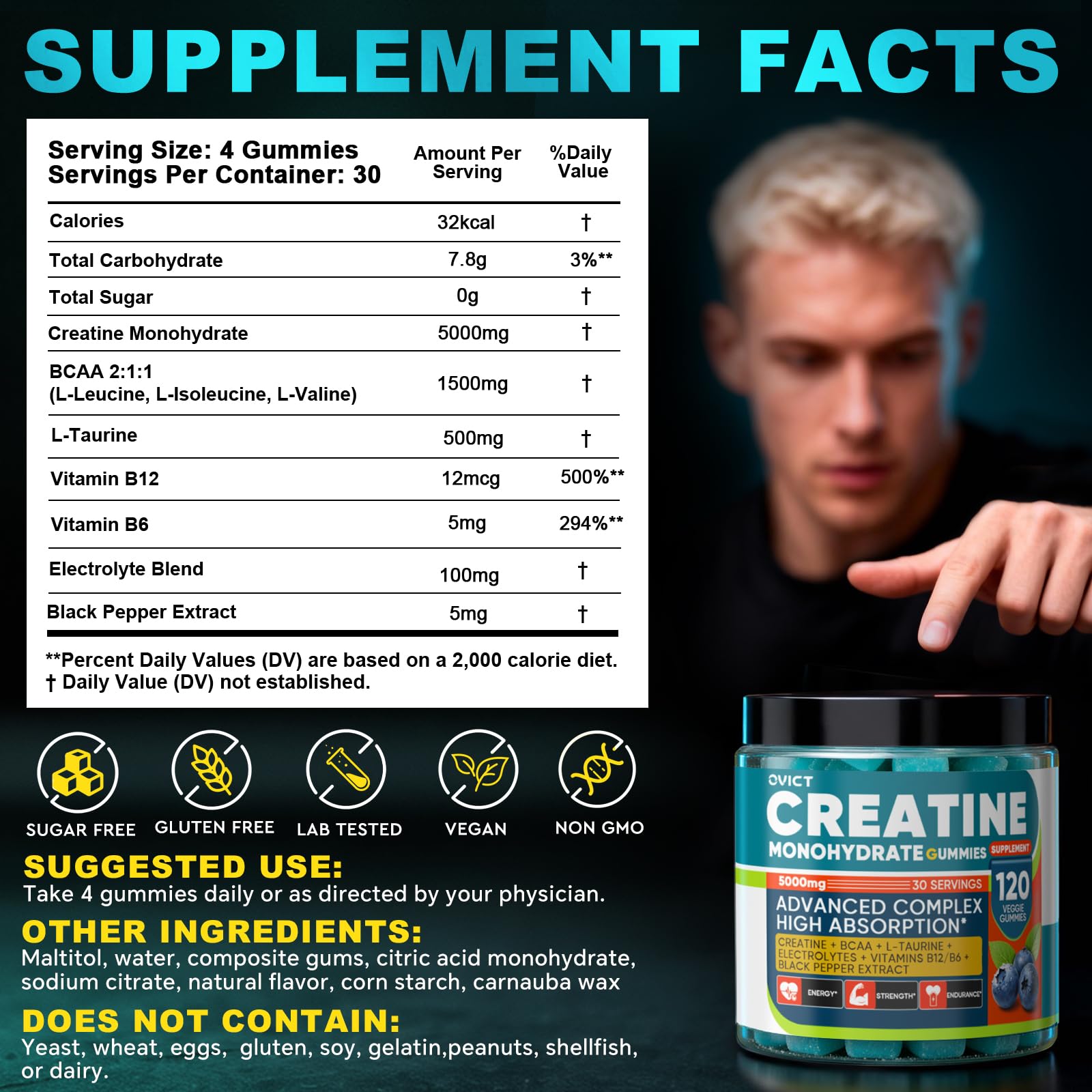 OVICT Creatine Gummies 5g nutrition facts label