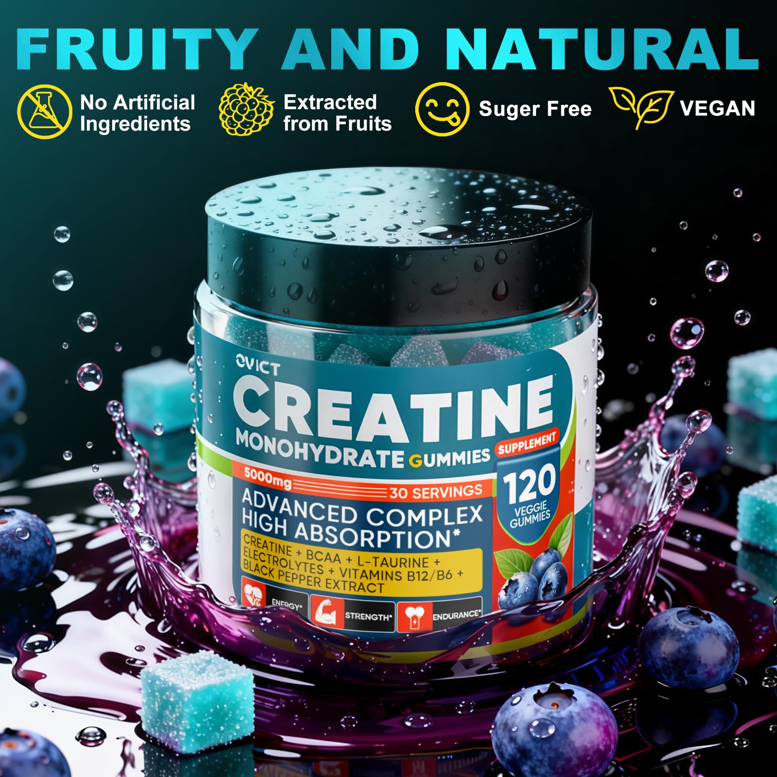 OVICT Creatine Gummies 5g on a gym bench
