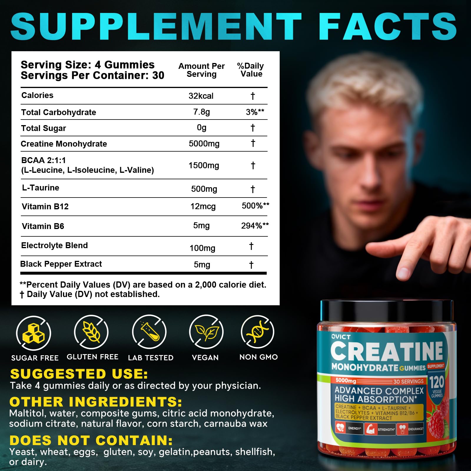 OVICT Creatine Gummies 5g sugar-free vegan gummies close-up