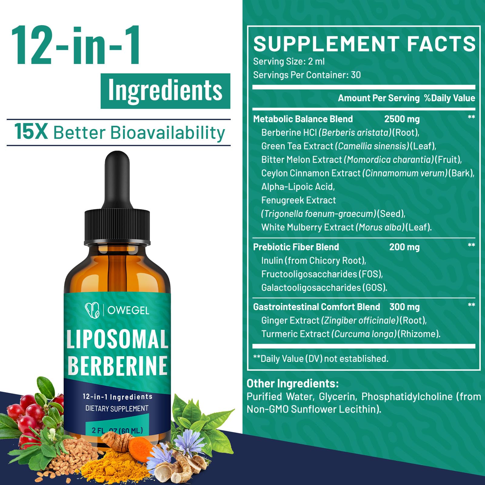 owegel Liposomal Berberine Drops 3000mg bottle with dropper