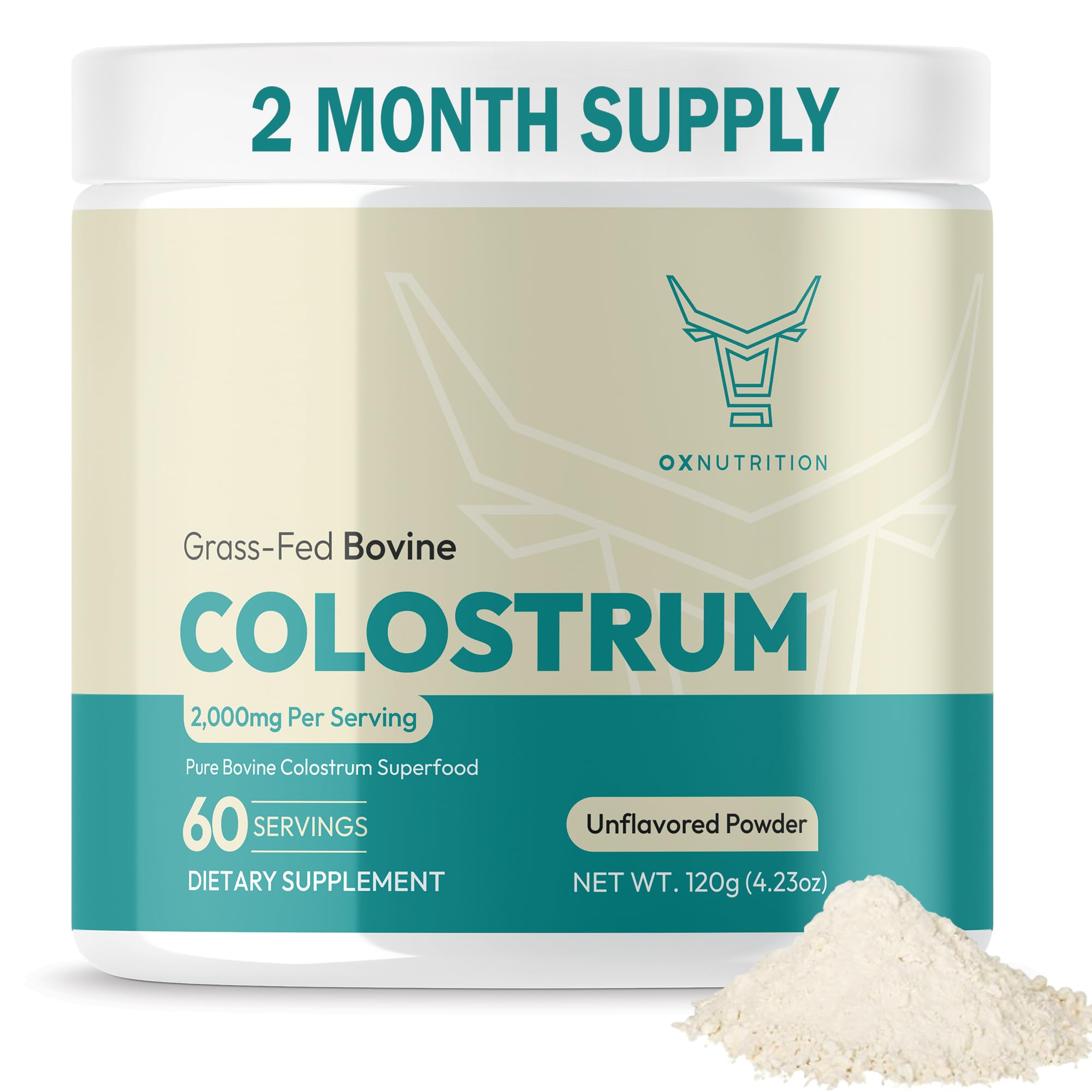 OX Colostrum Powder displayed with a measuring scoop