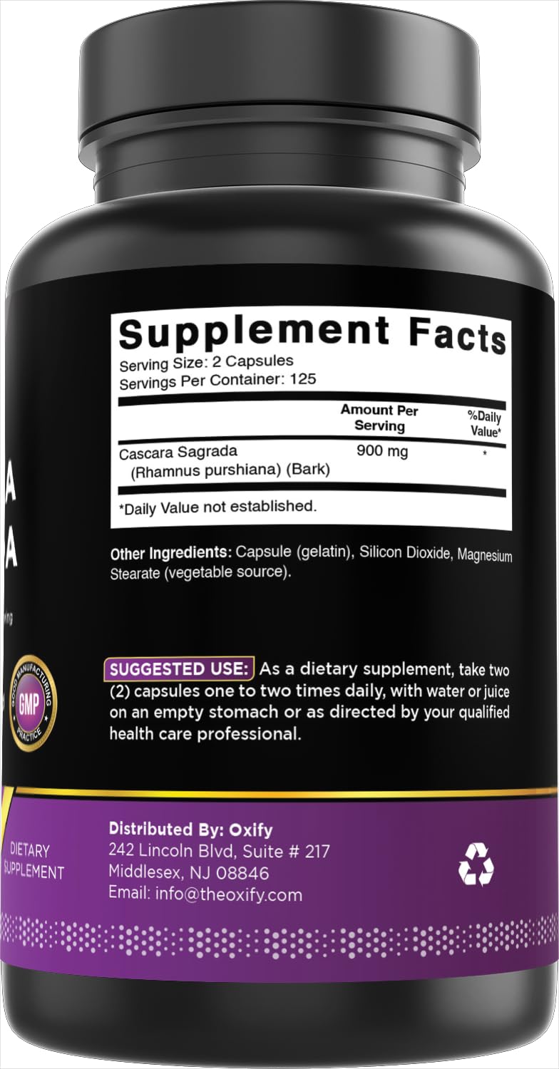 Oxify Cascara Sagrada 900 mg herbal supplement bottle with measuring spoon