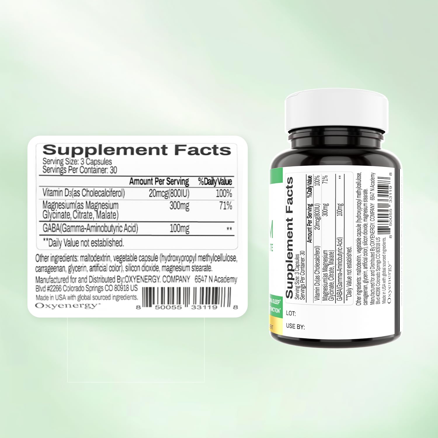 OxyEnergy Triple Magnesium Complex 300mg capsules on a wooden surface