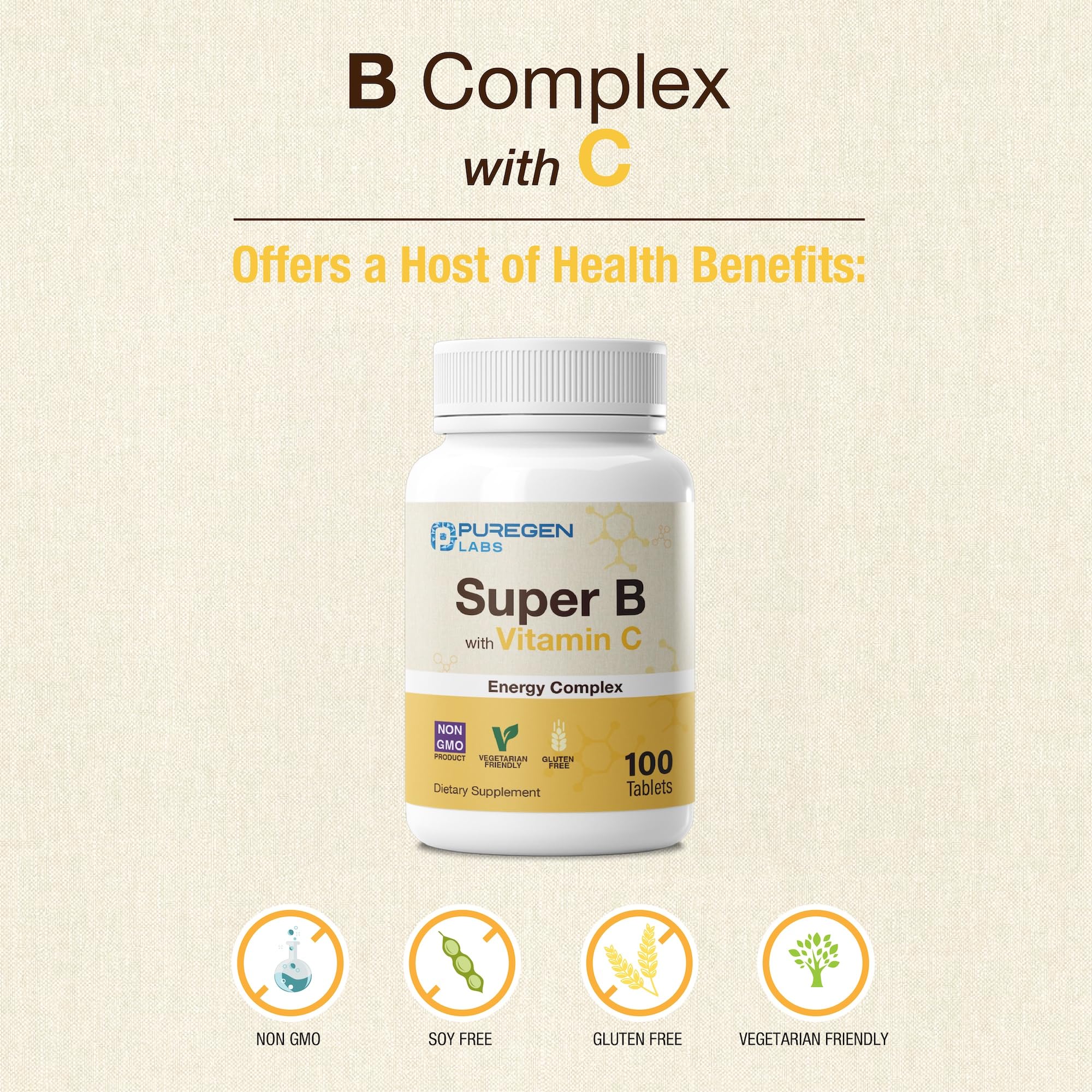 P Puregen Labs B-Complex with Vitamin C bottle with tablets