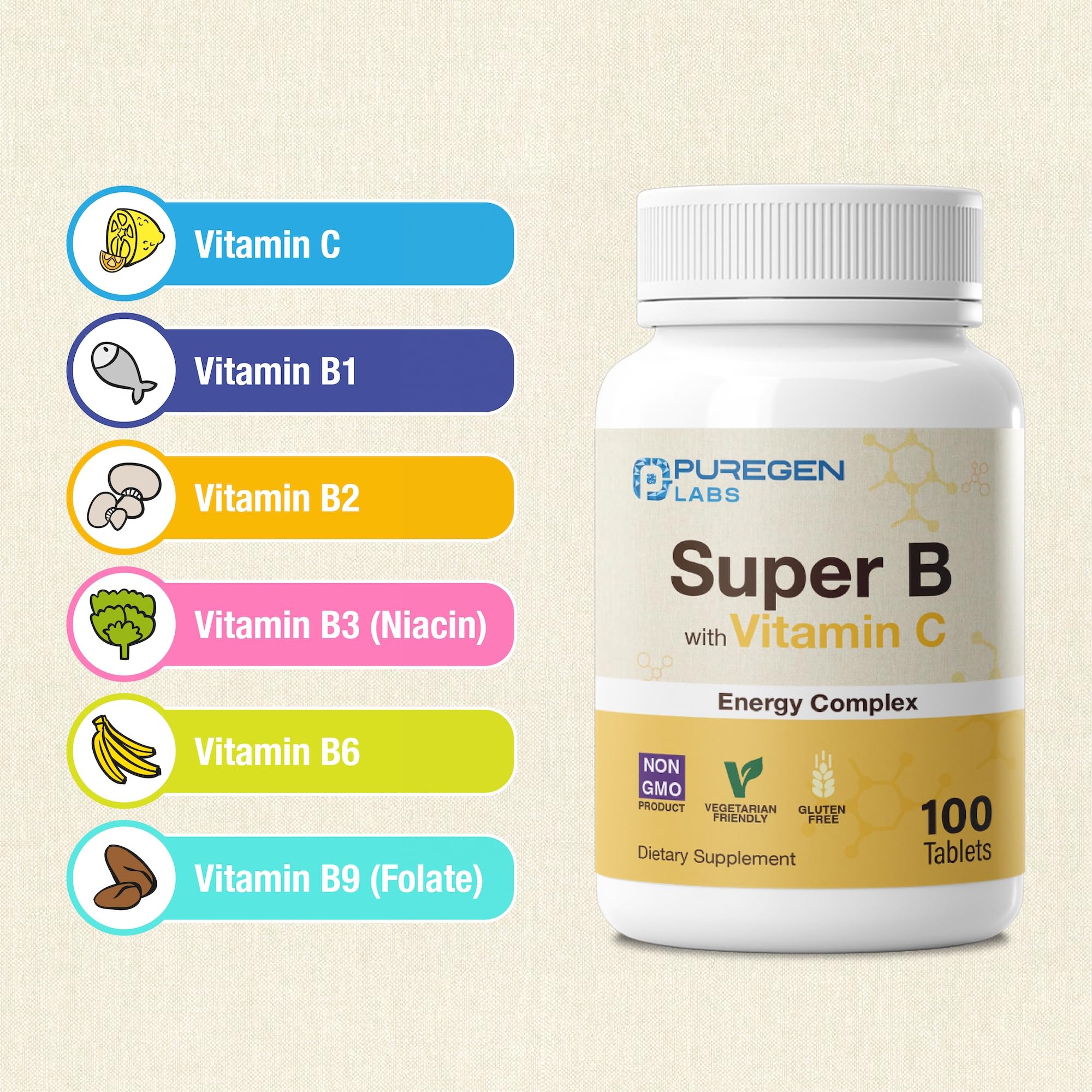 P Puregen Labs B-Complex with Vitamin C nutritional information