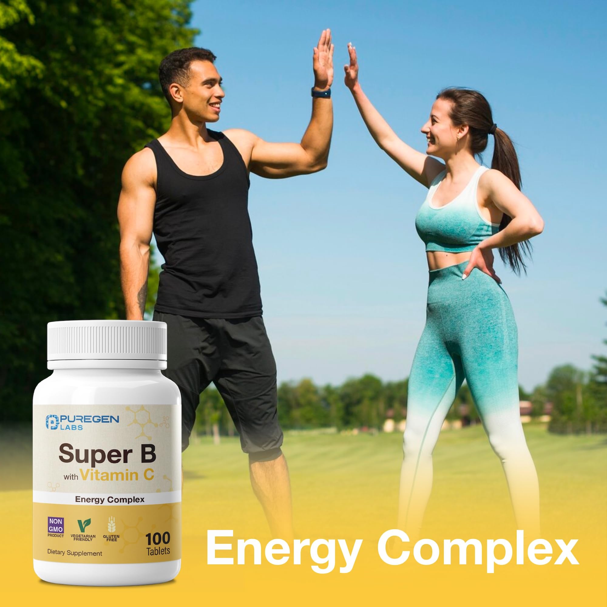 P Puregen Labs B-Complex with Vitamin C tablet on a wooden surface