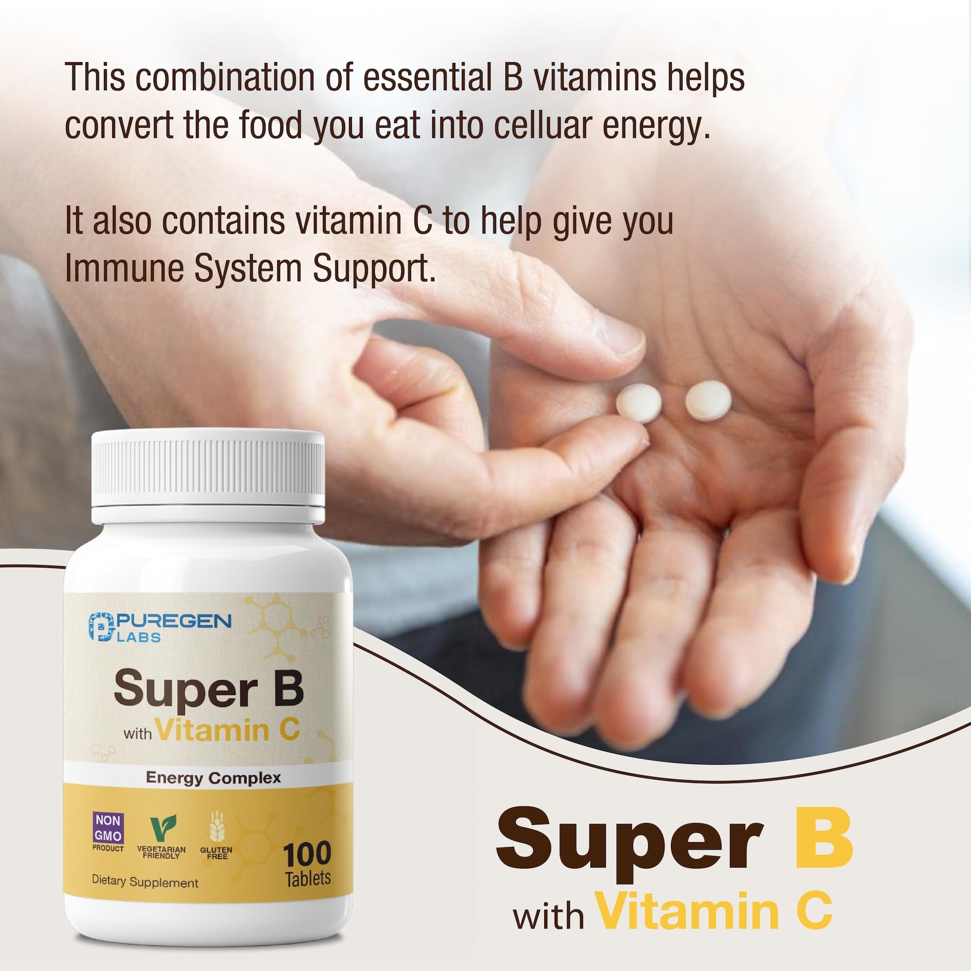 P Puregen Labs B-Complex with Vitamin C tablet side view