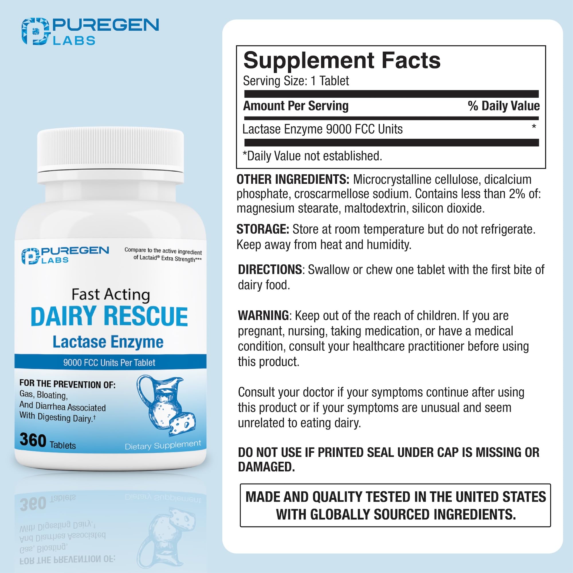 P Puregen Labs Dairy Rescue packaging with product details