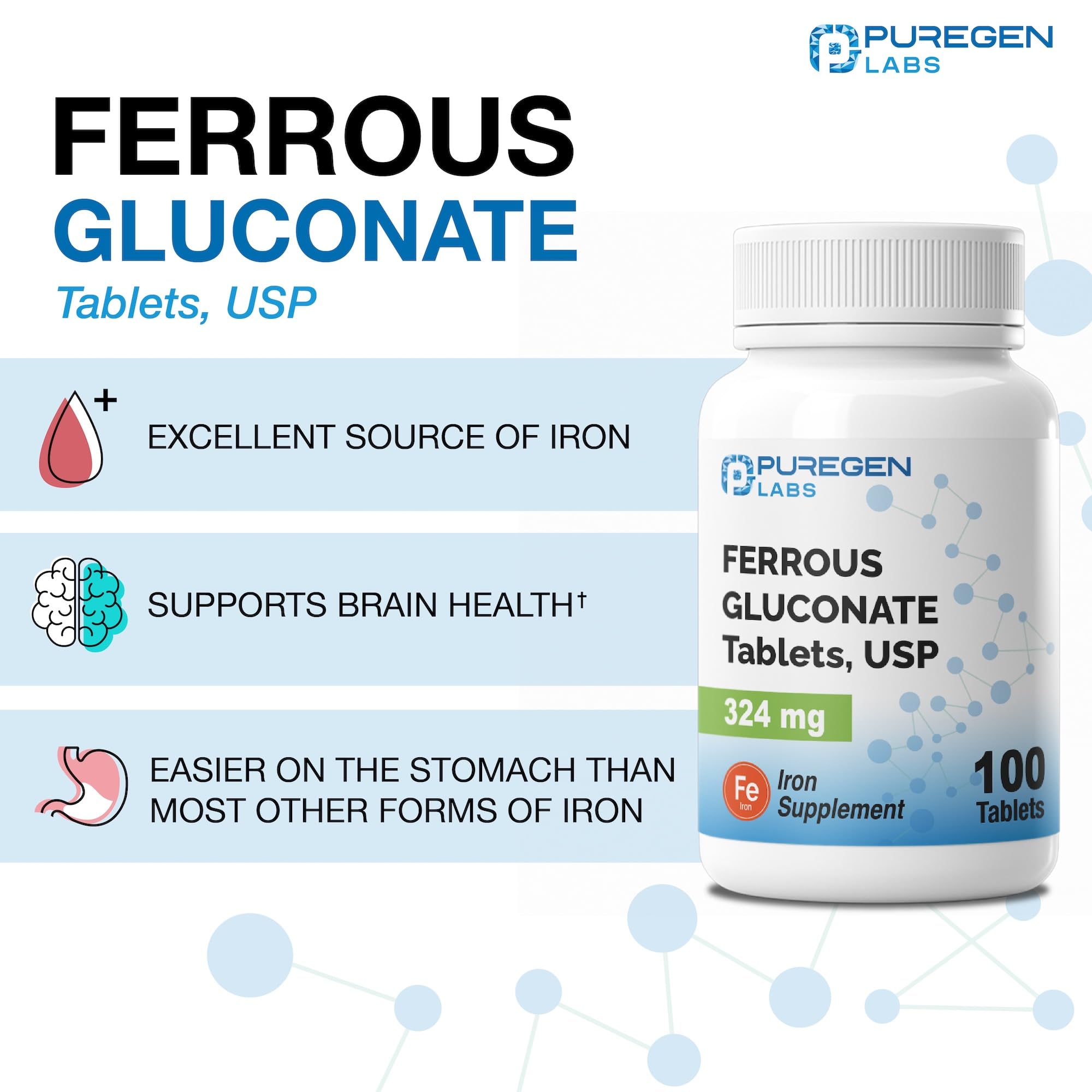 P Puregen Labs Ferrous Gluconate Iron Supplement 324mg packaging