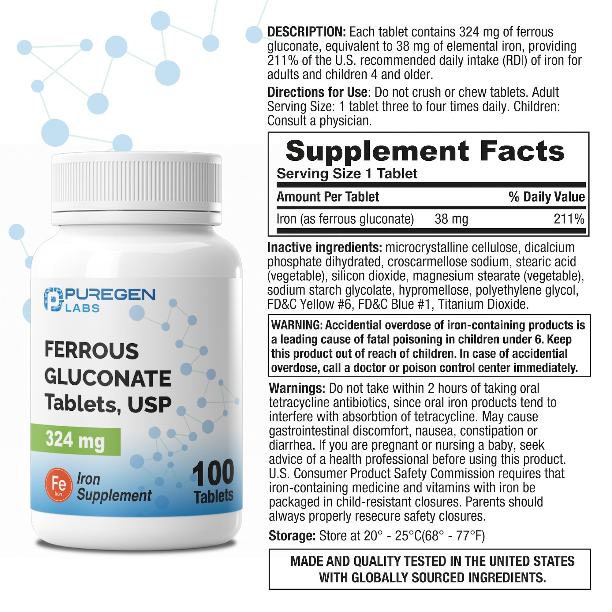 P Puregen Labs Ferrous Gluconate Iron Supplement 324mg side view