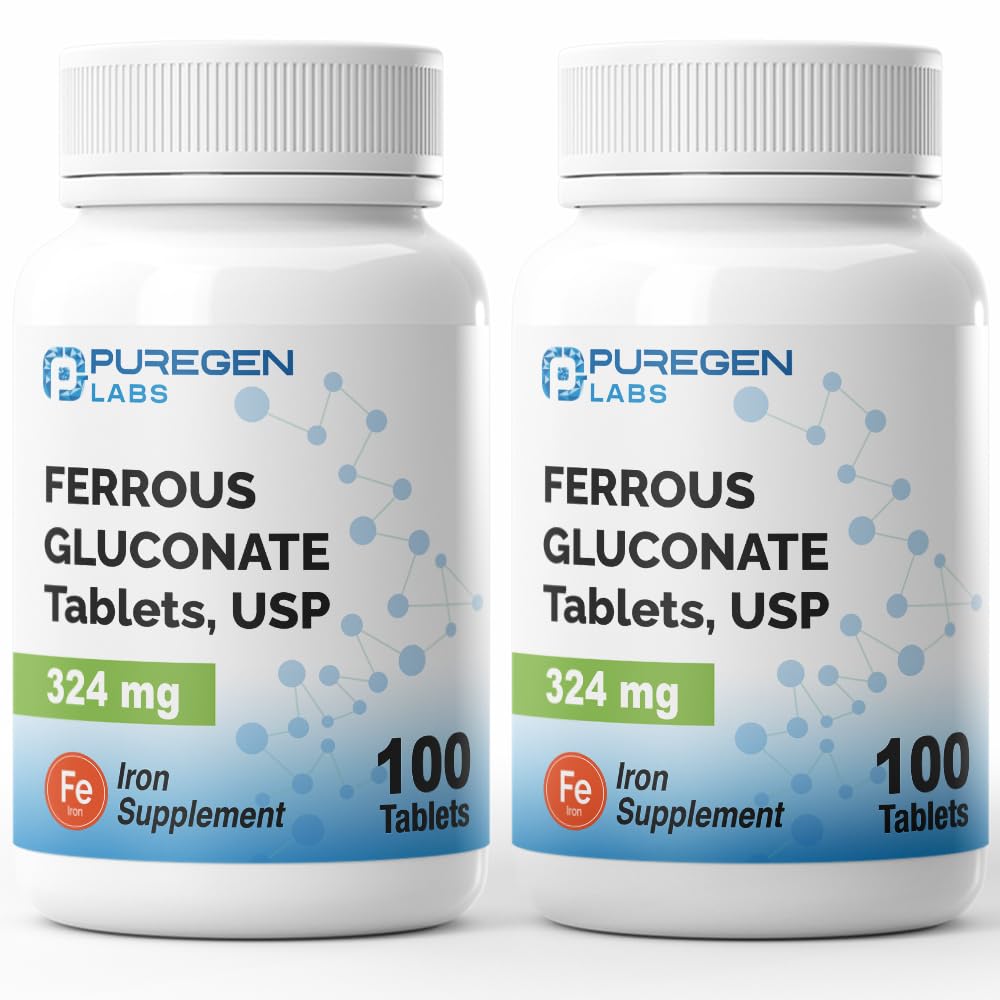 P Puregen Labs Ferrous Gluconate Iron Supplement 324mg tablets front view