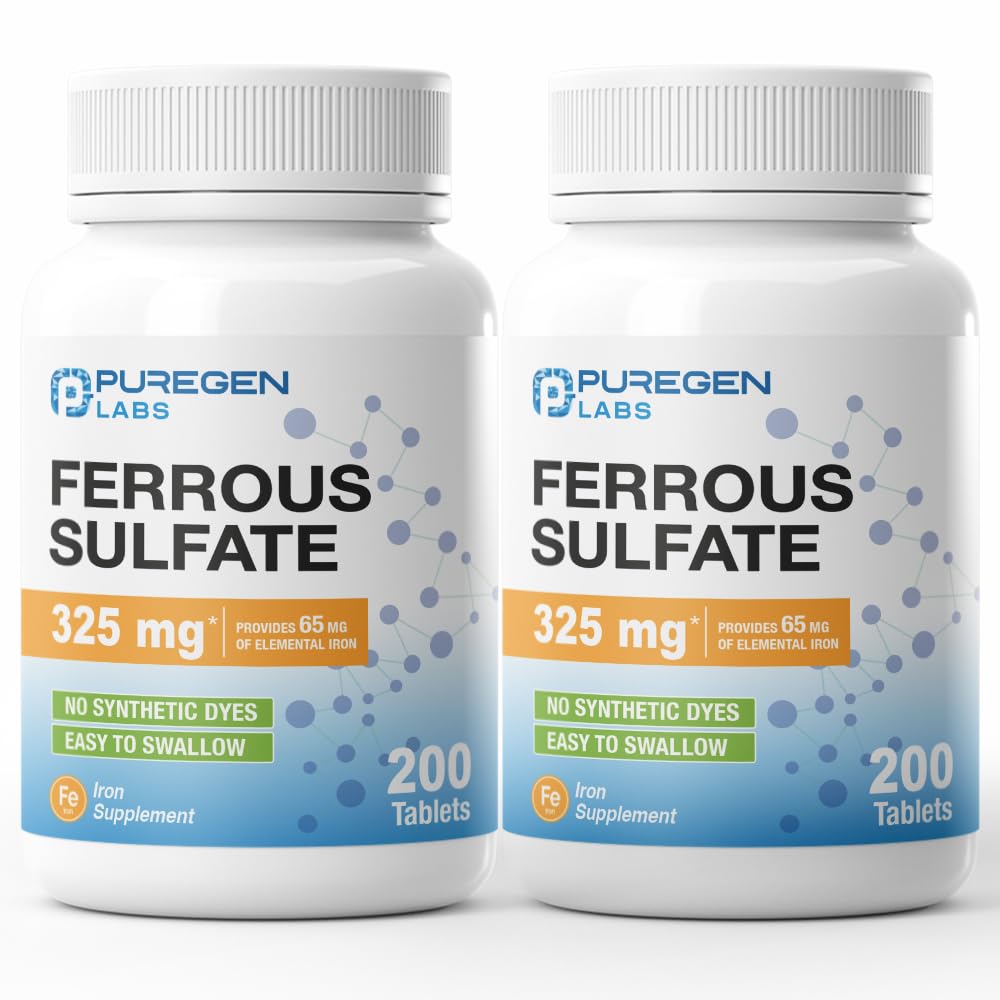 P Puregen Labs Ferrous Sulfate 325mg Iron Supplement front view