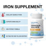 P Puregen Labs Ferrous Sulfate 325mg Iron Supplement on a wooden table