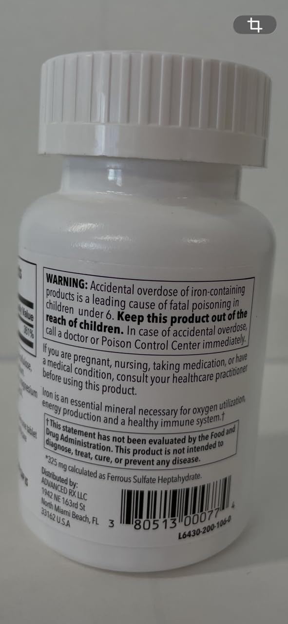 P Puregen Labs Ferrous Sulfate 325mg Iron Supplement packaging