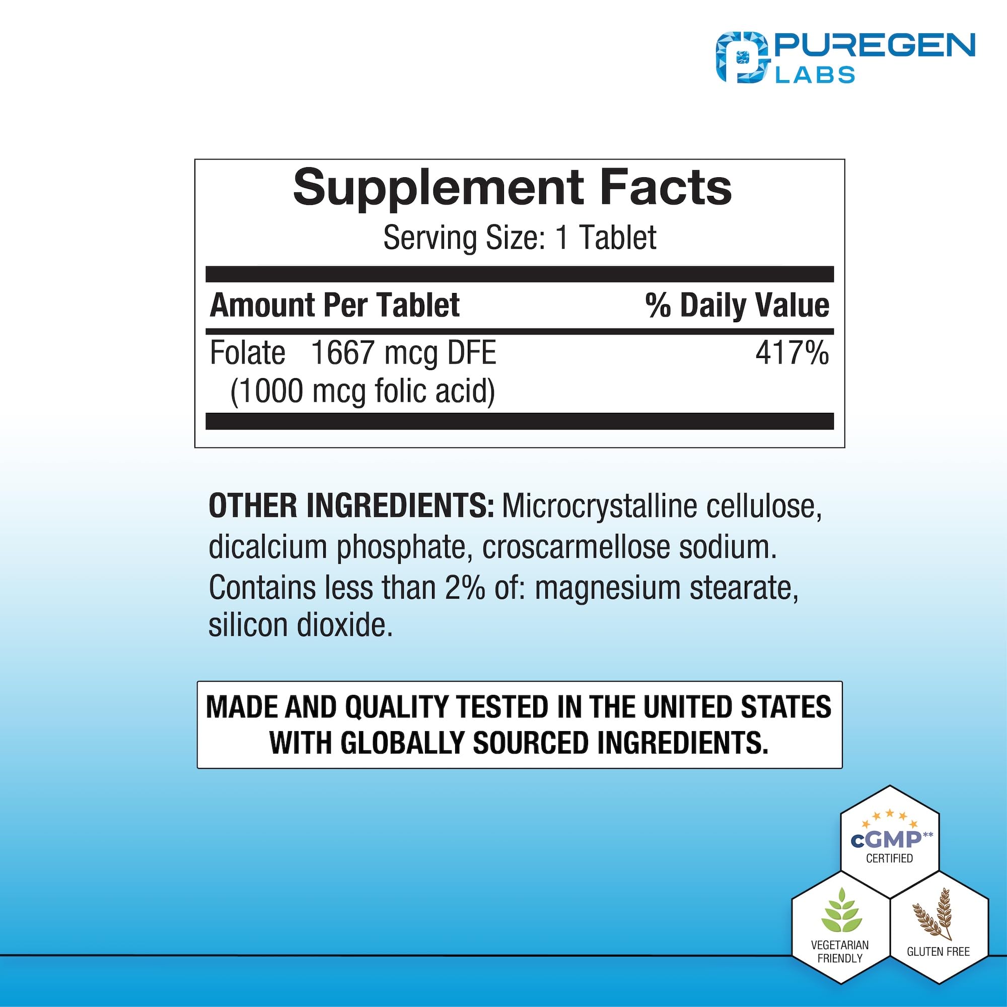 P Puregen Labs Folic Acid 1000 mcg bottle side view
