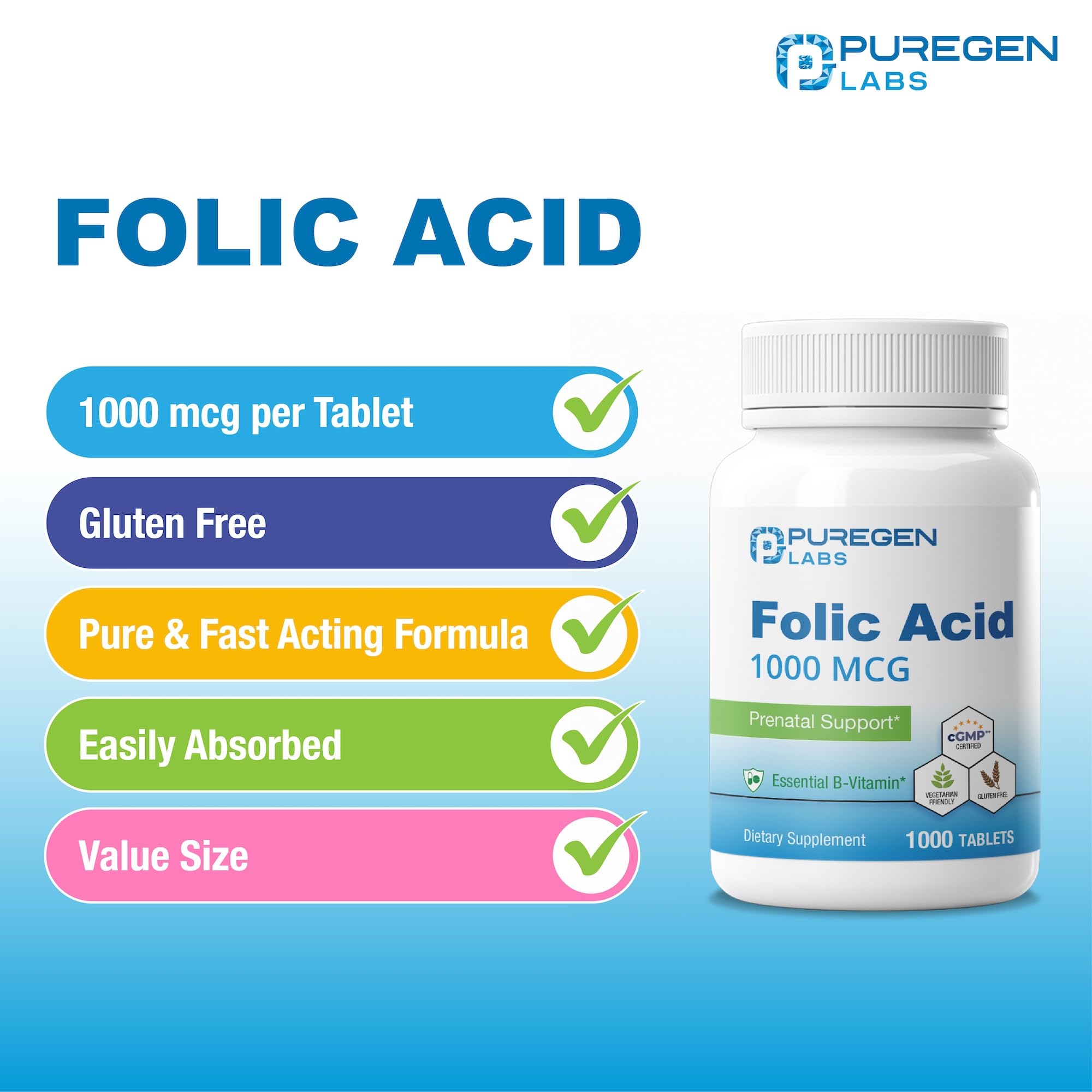 P Puregen Labs Folic Acid 1000 mcg capsule close-up