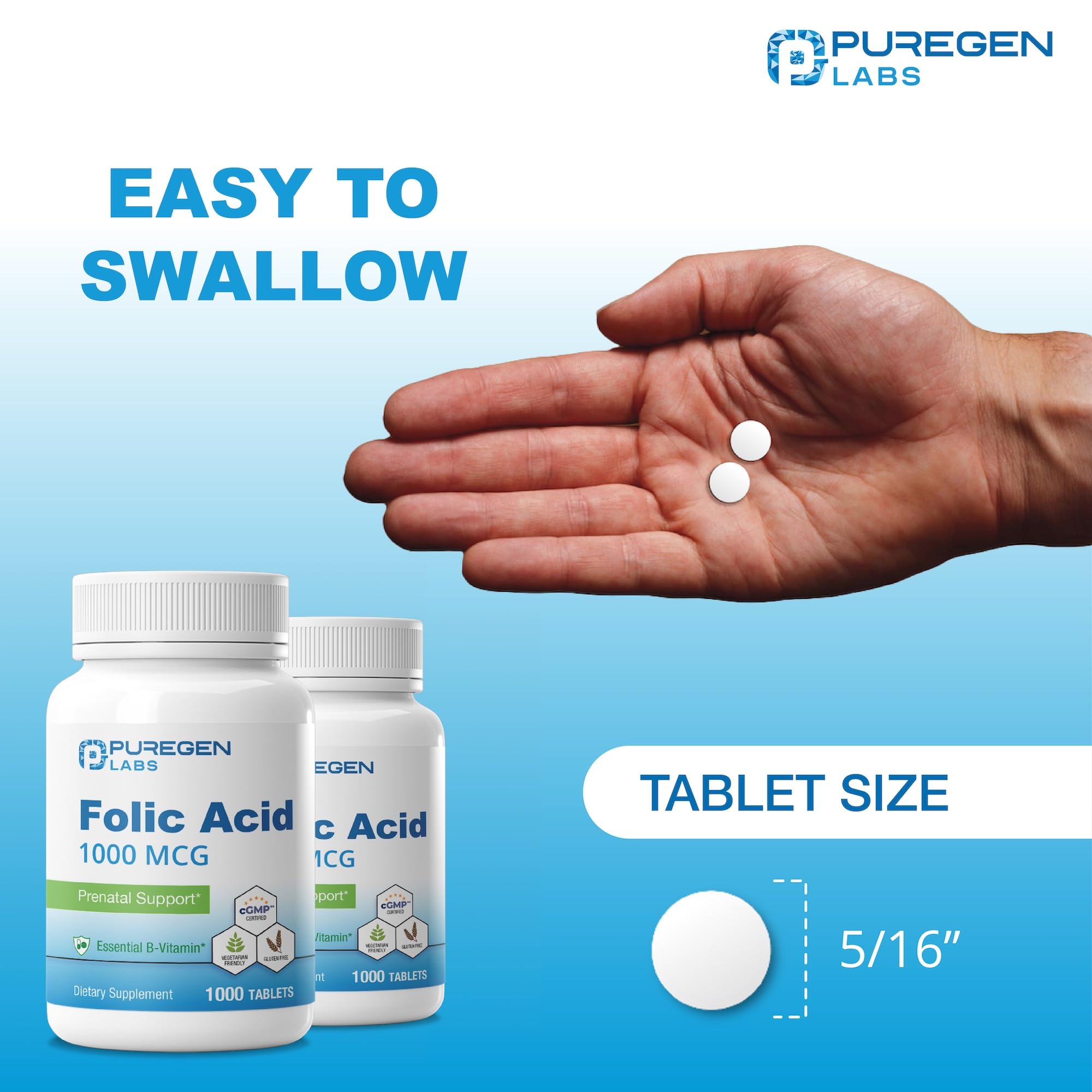 P Puregen Labs Folic Acid 1000 mcg packaging on a table