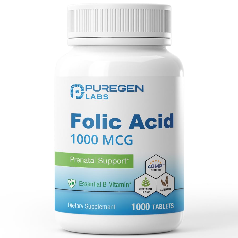 P Puregen Labs Folic Acid 1000 mcg tablet front view