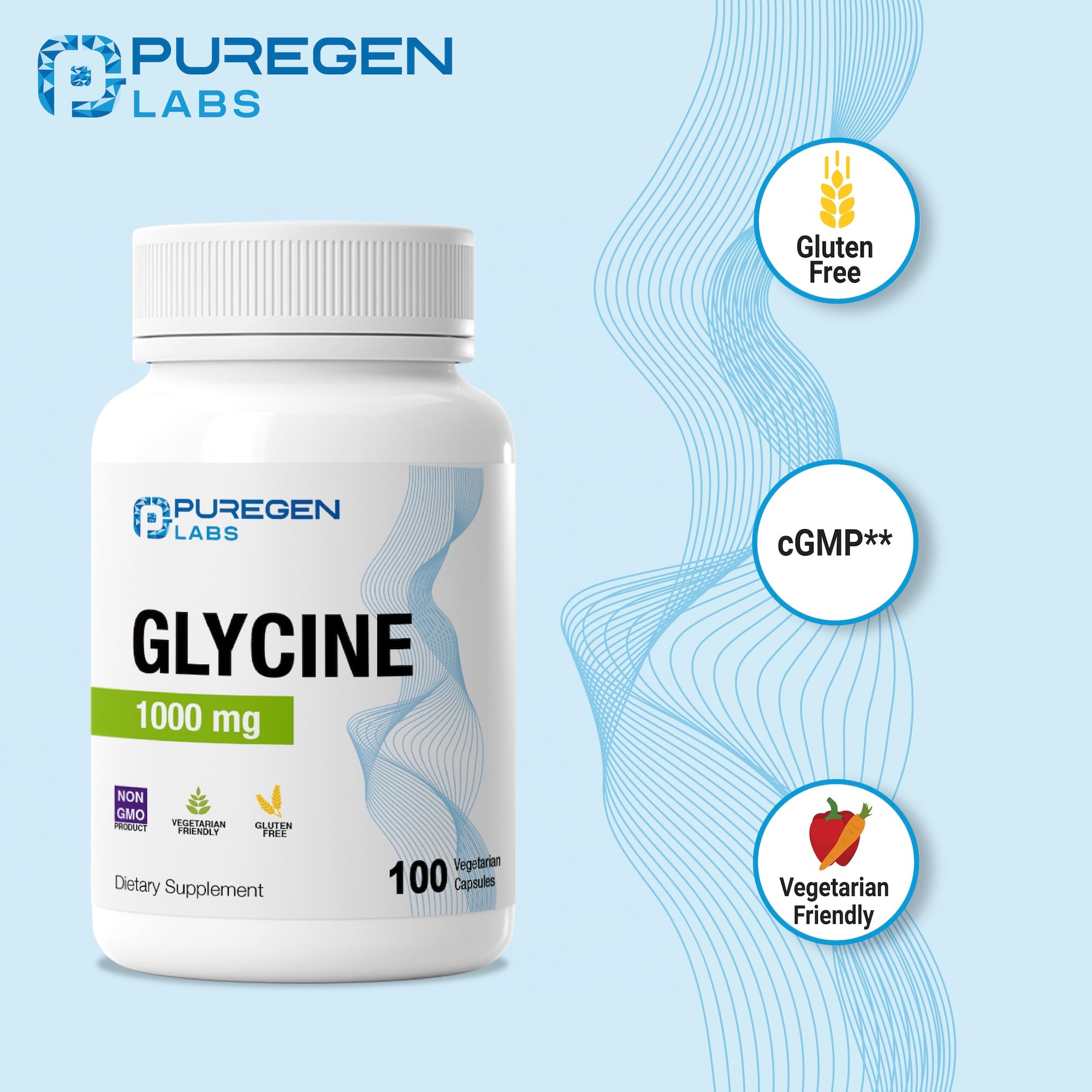 P Puregen Labs Glycine 1000mg capsules on a wooden table