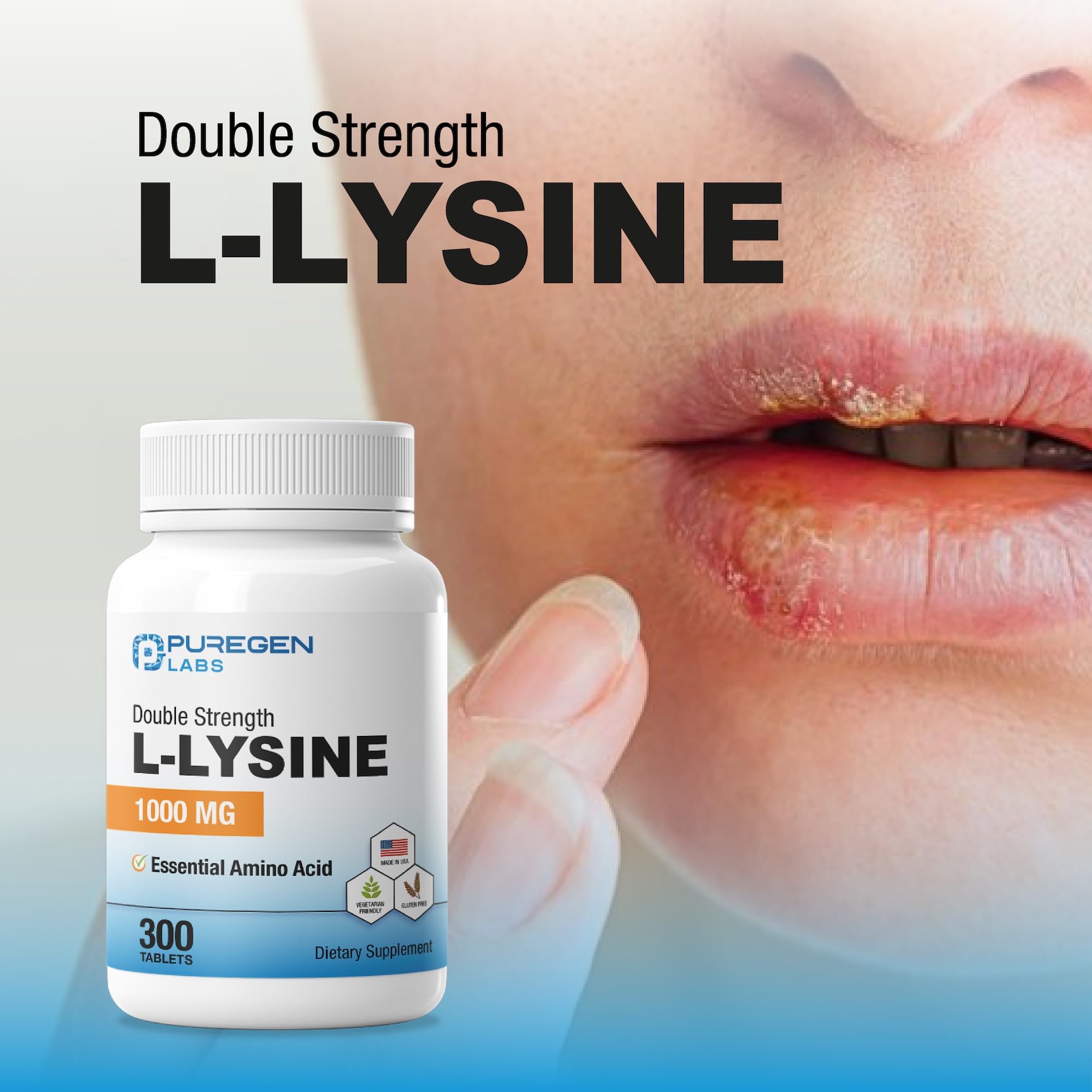 P Puregen Labs L-Lysine tablets in a hand for size reference