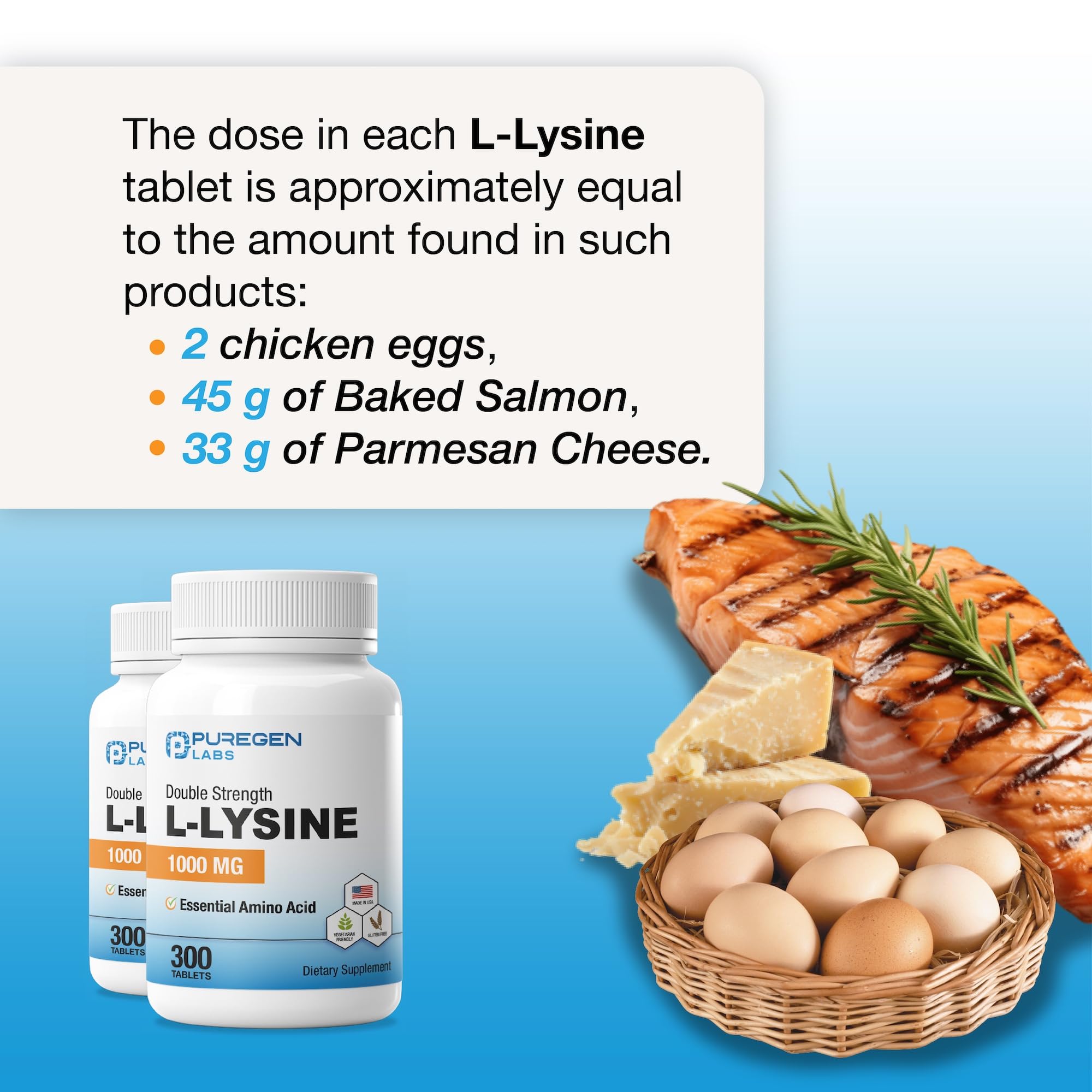 P Puregen Labs L-Lysine tablets showing dosage instructions