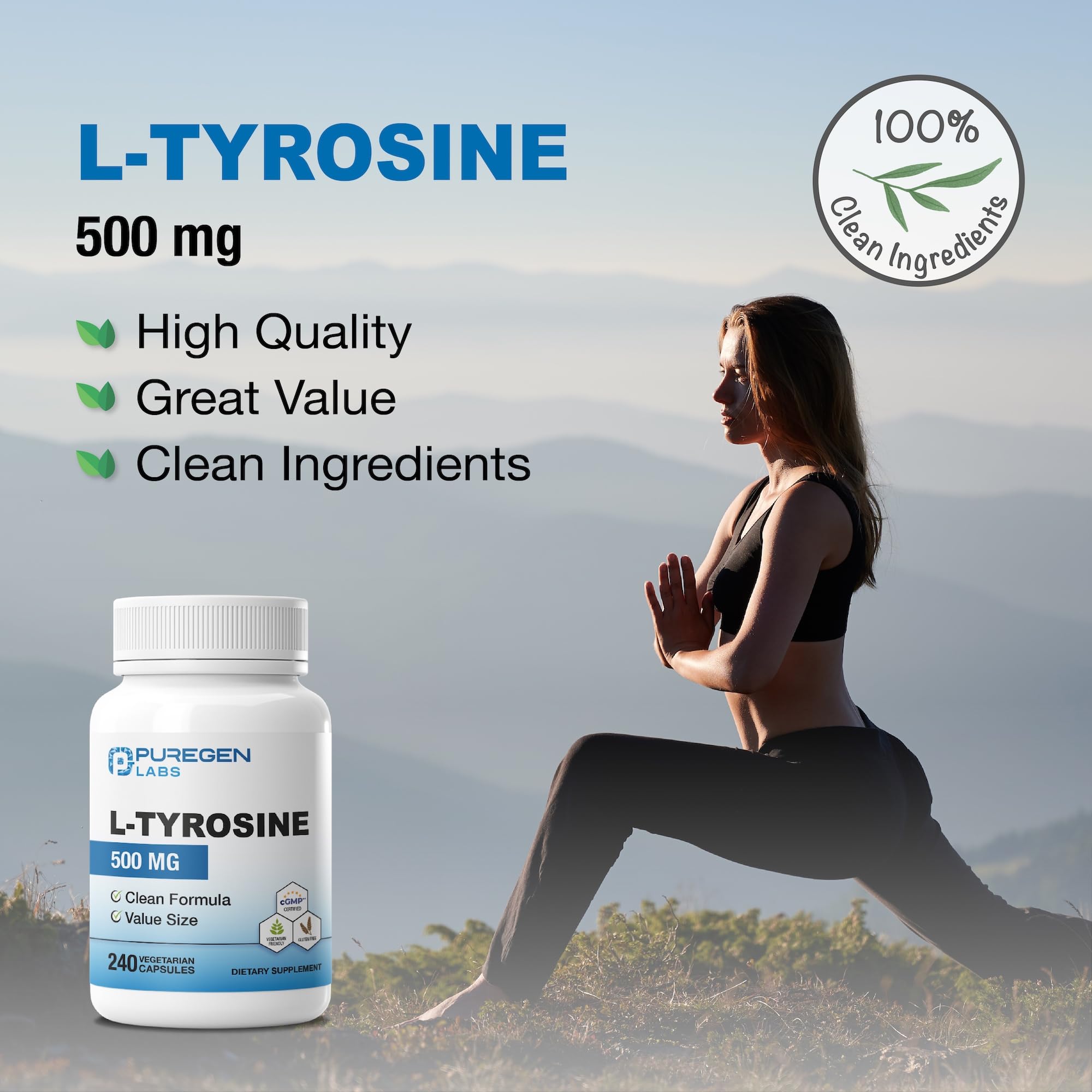 P Puregen Labs L-Tyrosine 500 mg capsules with measuring spoon