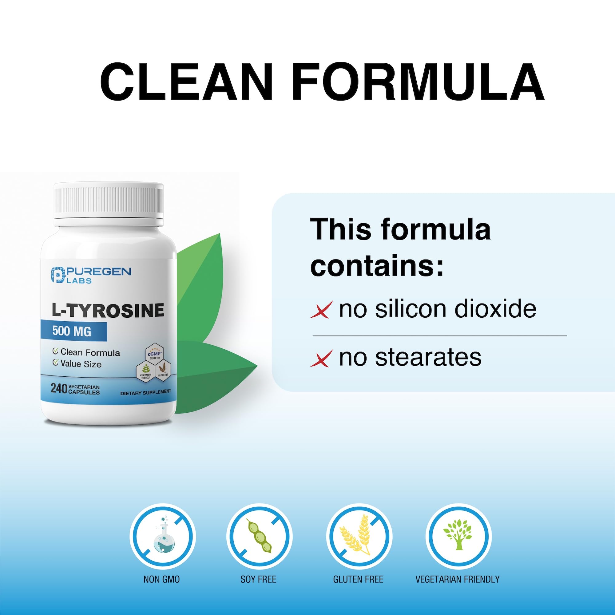P Puregen Labs L-Tyrosine 500 mg capsules with water glass