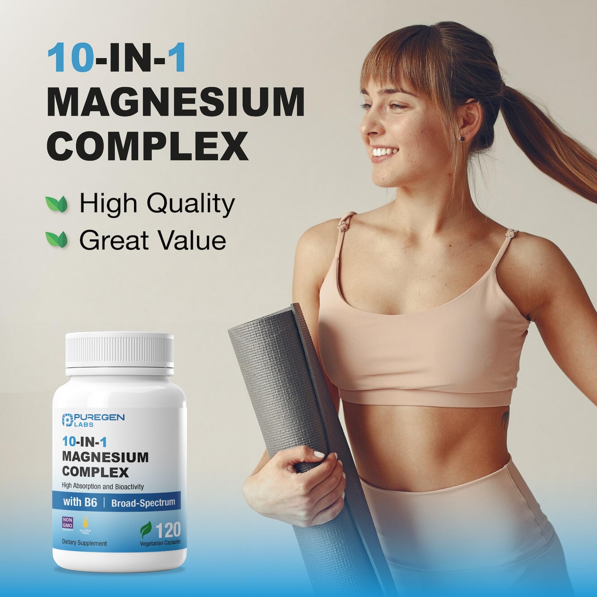 P Puregen Labs Magnesium Complex 10-in-1 supplement on a wooden table