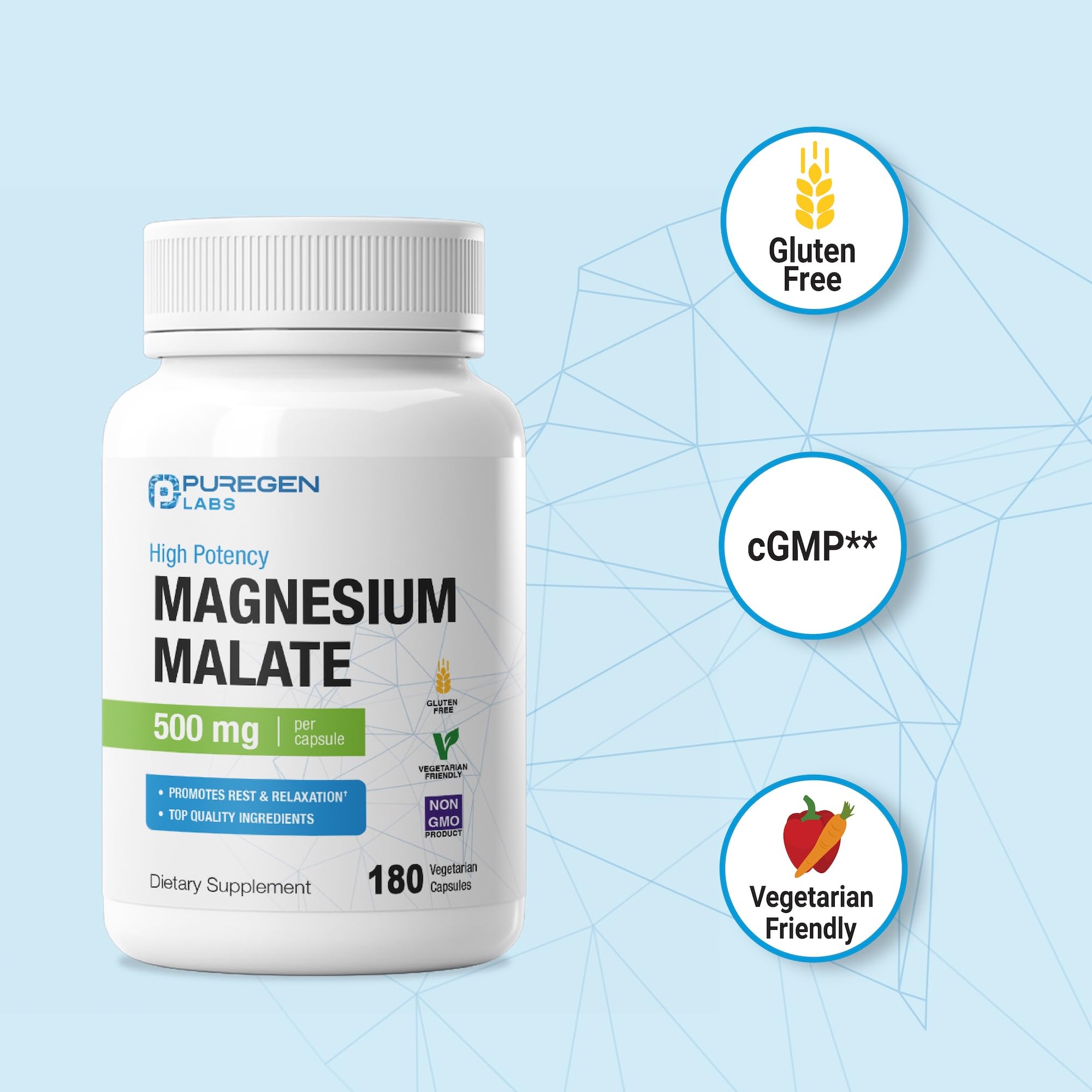 P Puregen Labs Magnesium Malate 500 mg supplement on a wooden surface