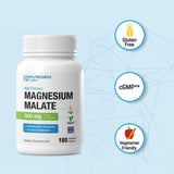 P Puregen Labs Magnesium Malate 500 mg supplement on a wooden surface
