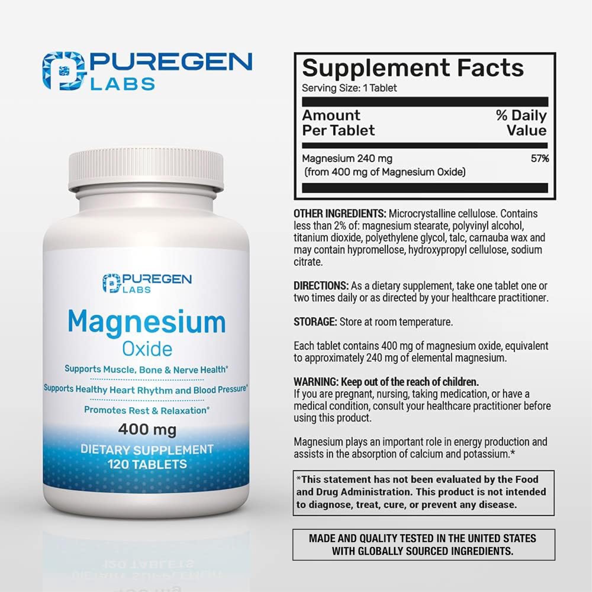 P Puregen Labs Magnesium Supplement 400mg side view