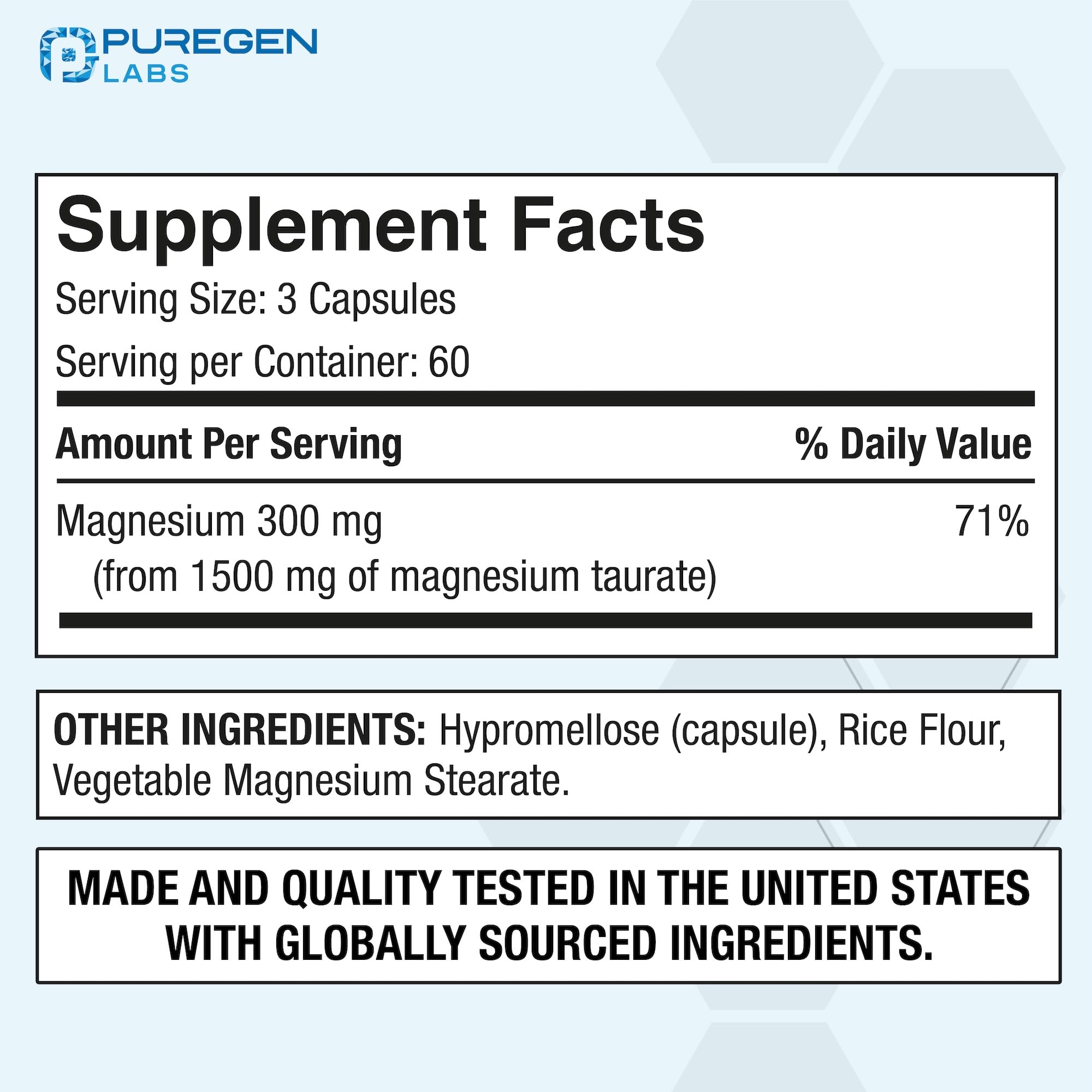 P Puregen Labs Magnesium Taurate 1500mg capsule bottle side view