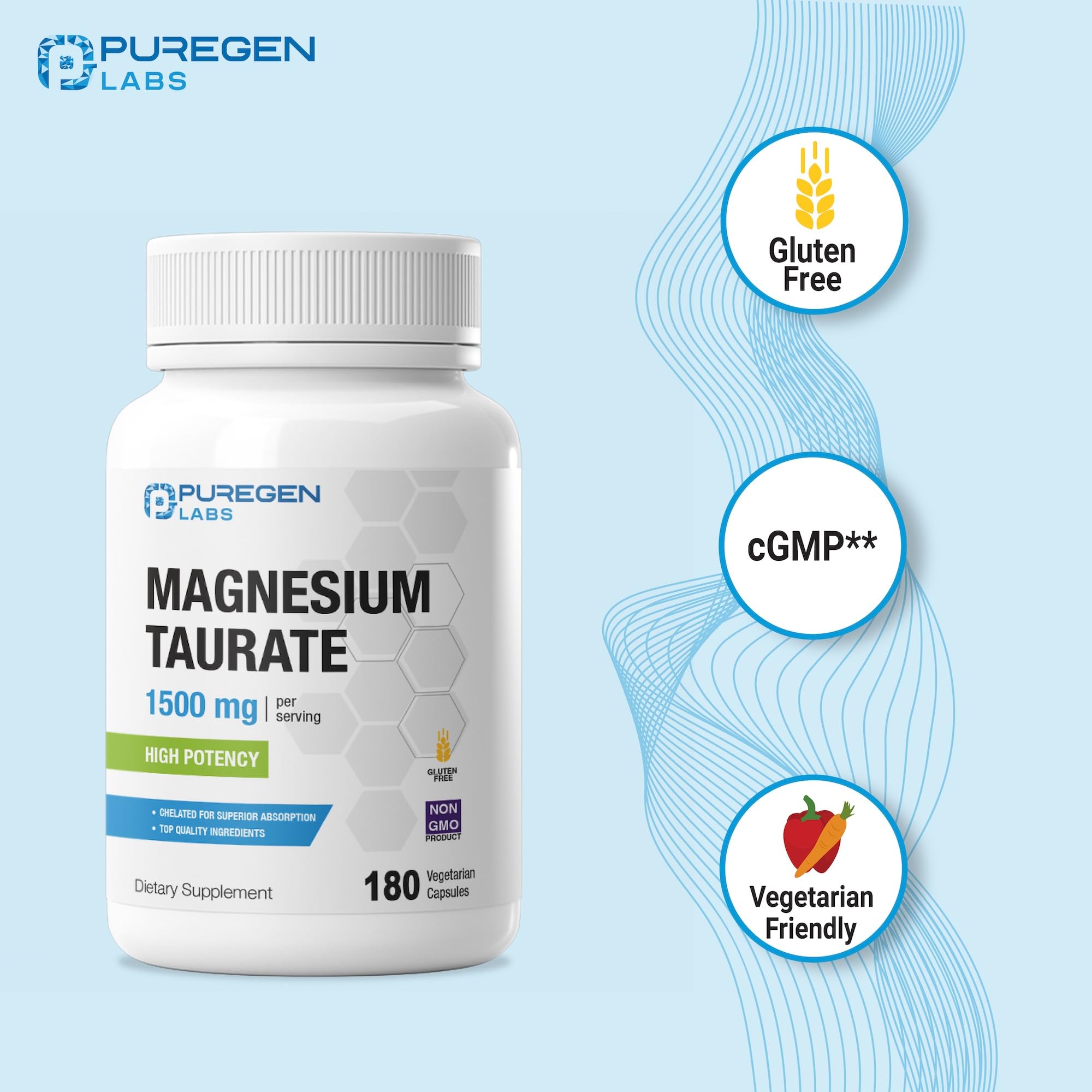 P Puregen Labs Magnesium Taurate 1500mg capsules on a wooden table